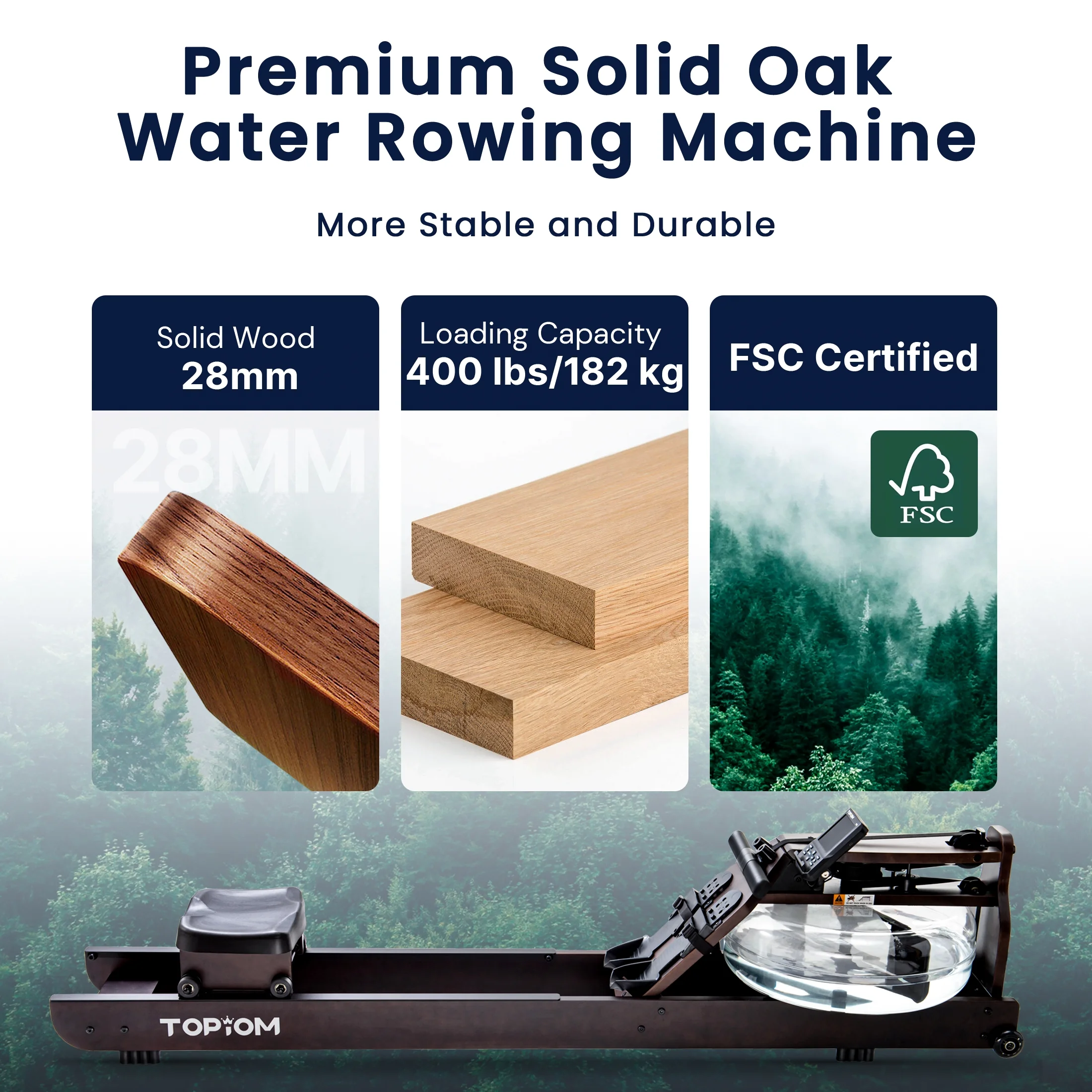 Topiom Water Rowing Machine with TM-3 Performance Monitor Bluetooth Connected 400 lbs Max Load - Womvr