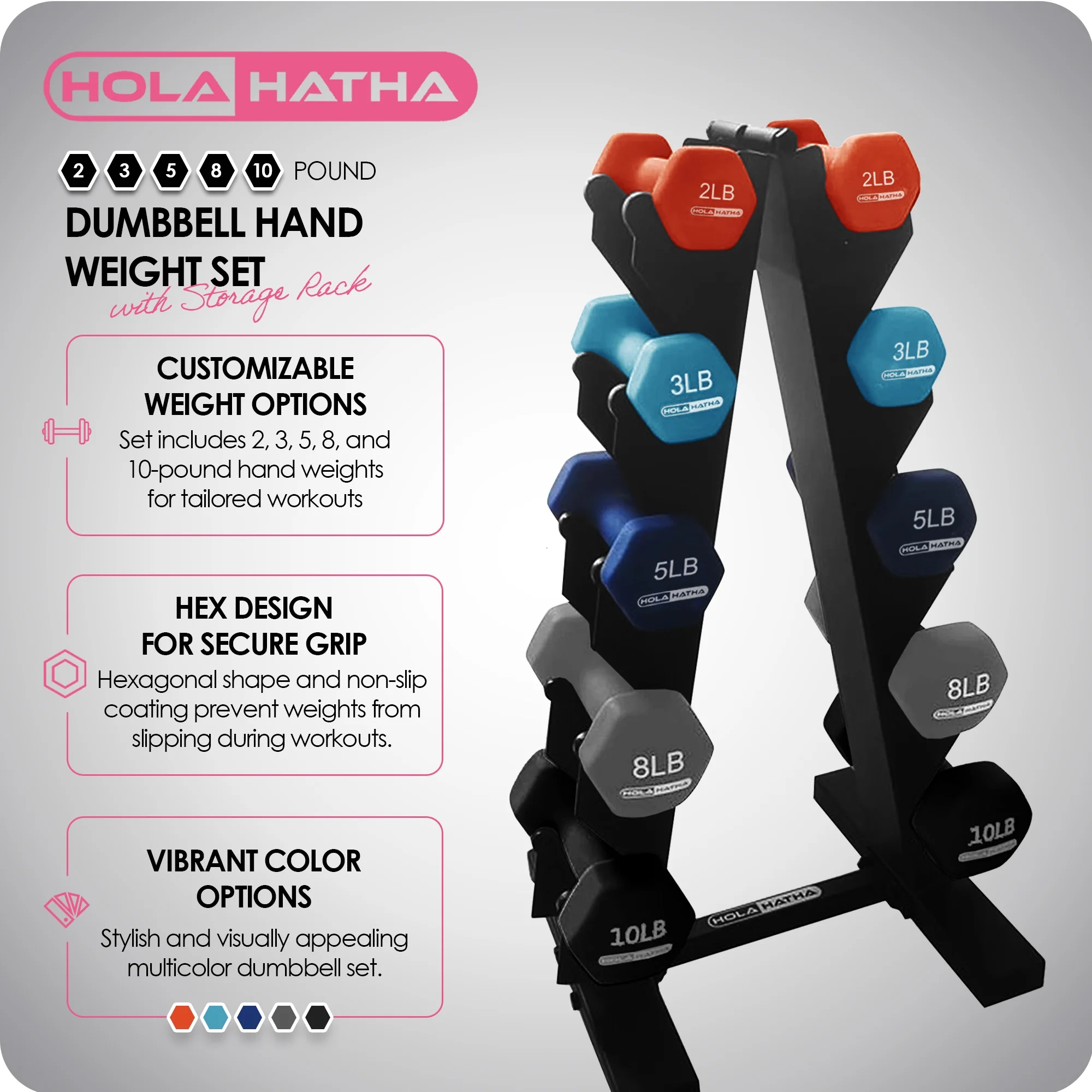 HolaHatha 3, 5, and 8 Pound Dumbbell Hand Weight Set with Storage Rack, Multi - Womvr