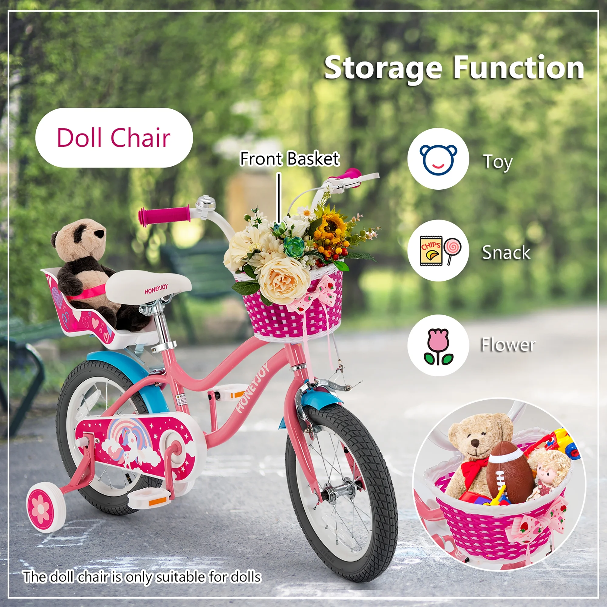 Gymax 14 Inches Kids Bicycle w/ Doll Chair & Basket Kids Bike w/ Training Wheels Pink - Womvr