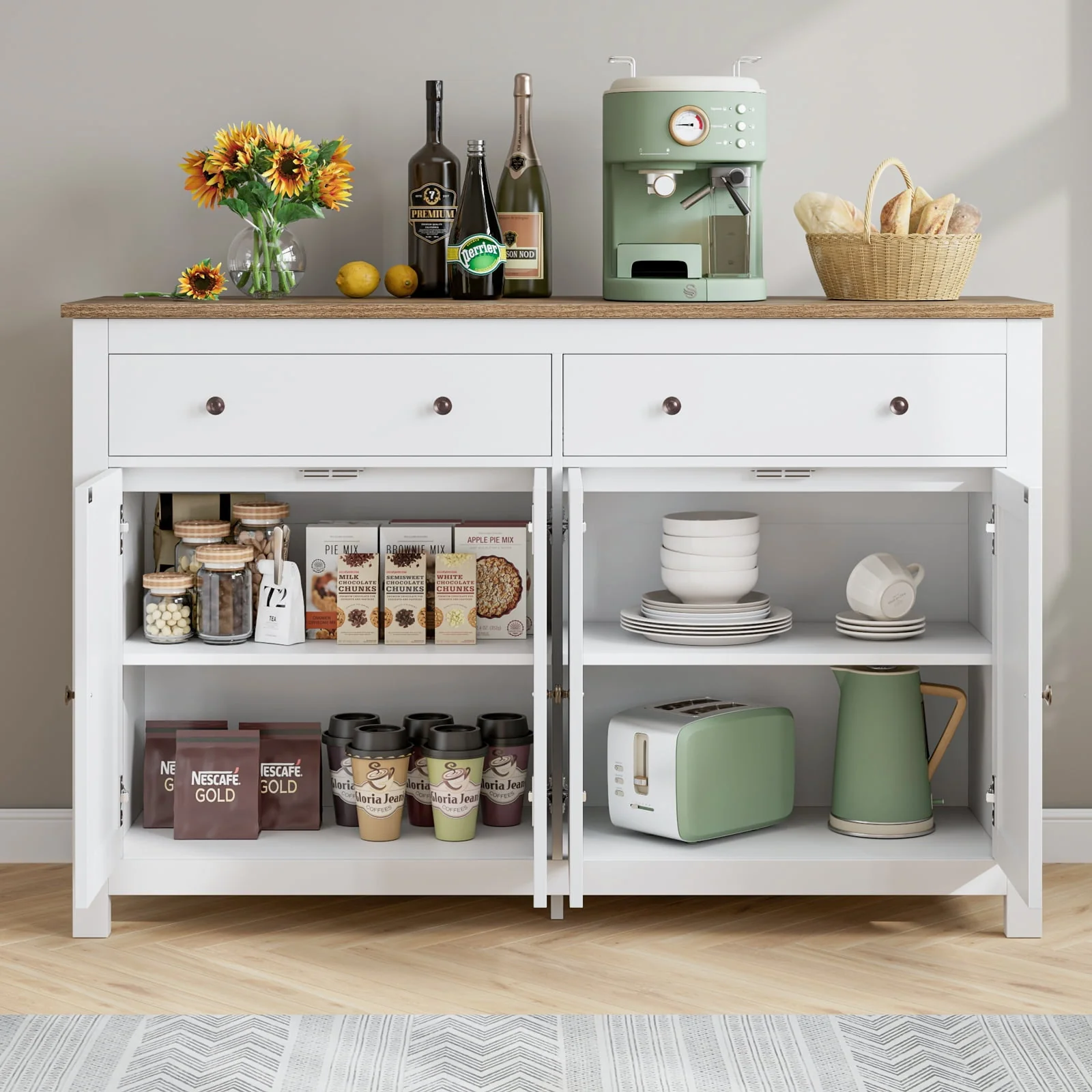 Homfa 4-Doors 2-Drawers Farmhouse Storage Cabinet, Wood Sideboard with Adjustable Shelves for Kitchen Dining Room, White - Womvr