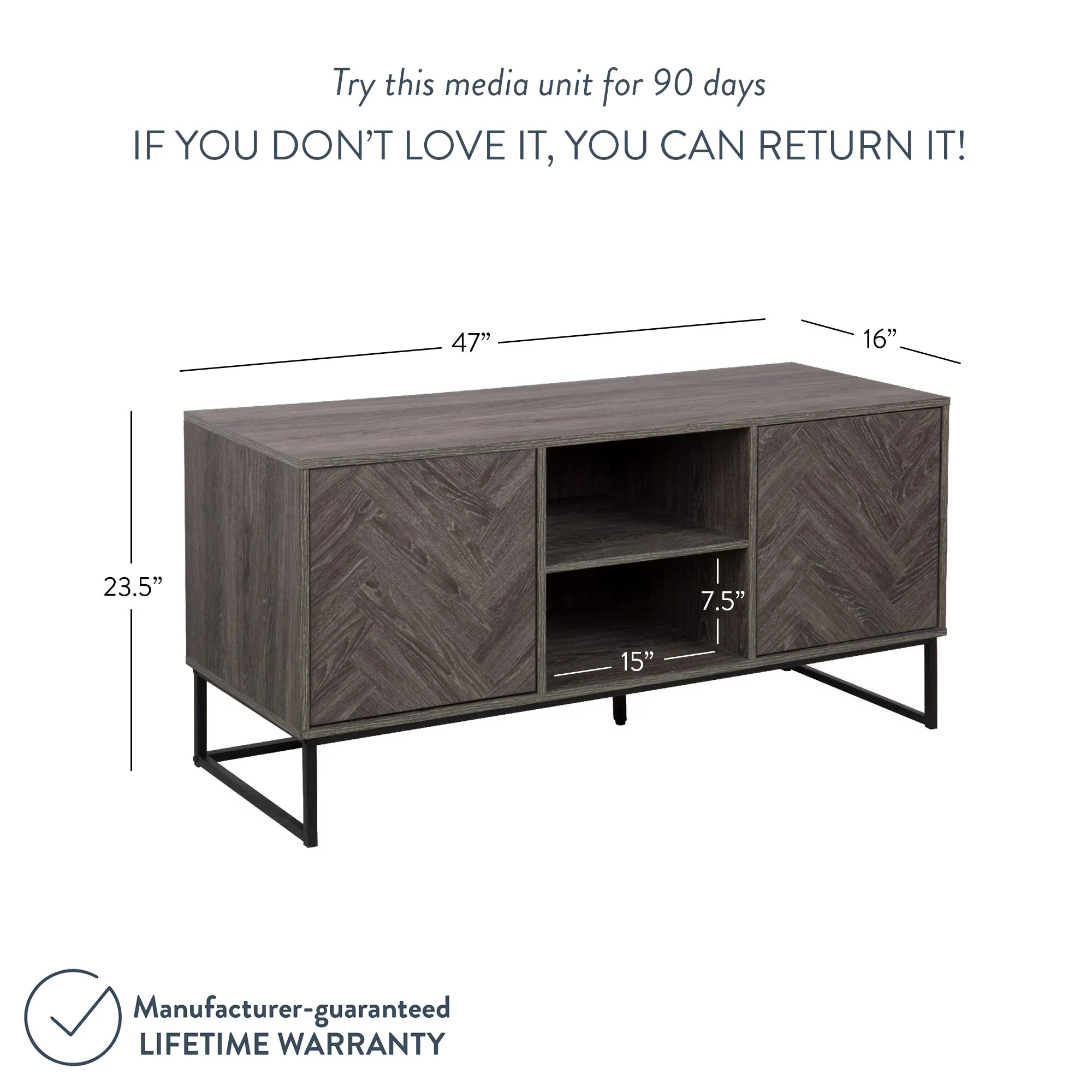Nathan James Dylan Media Console Cabinet TV Stand with Hidden Storage Herringbone Pattern Wood Metal, Gray/Black - Womvr