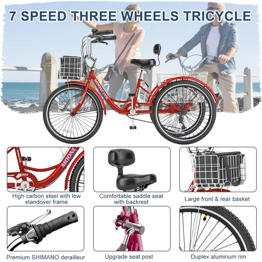 Docred Adult Tricycle 7 Speed 24 Inch Three Wheel Bike Cruiser Trike for Men/Women/Seniors - Womvr