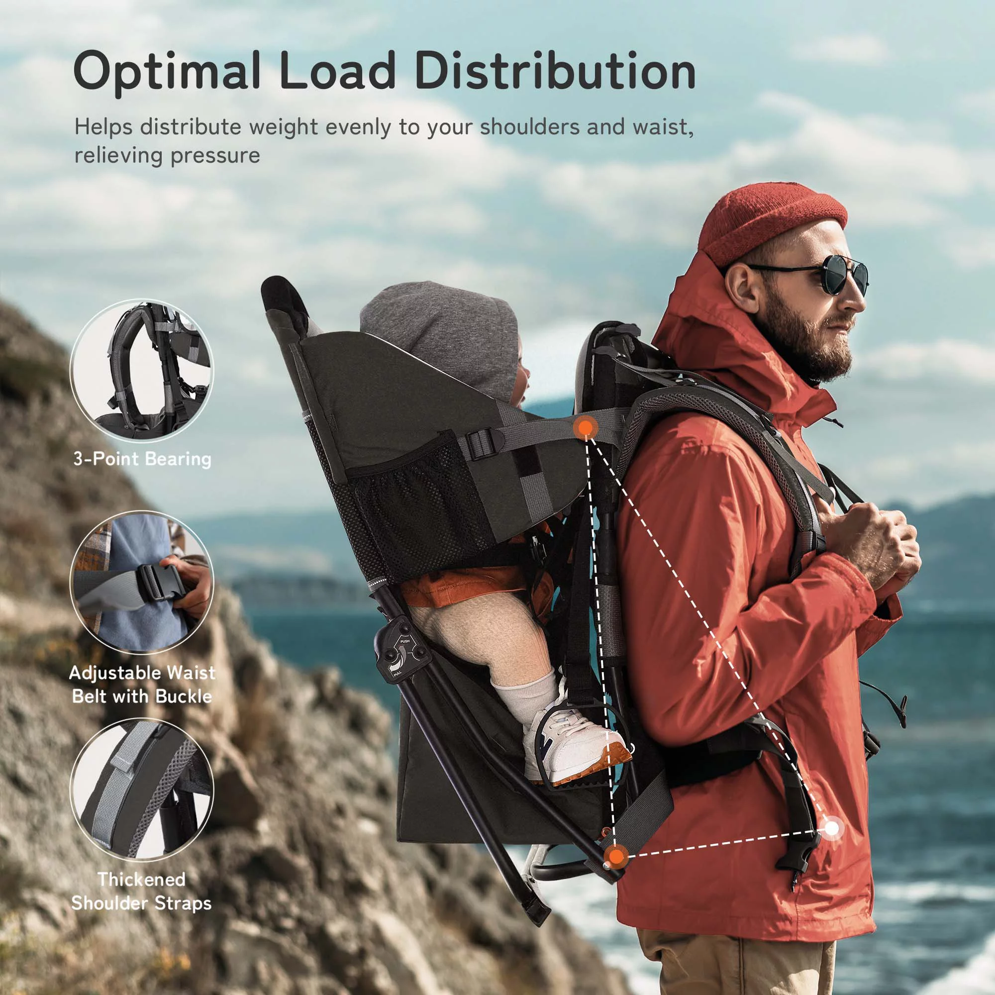 Besrey Baby Hiking Backpack Carrier for Toddlers, Waterproof & Lightweight Outdoor Child Back Frame, Black - Womvr