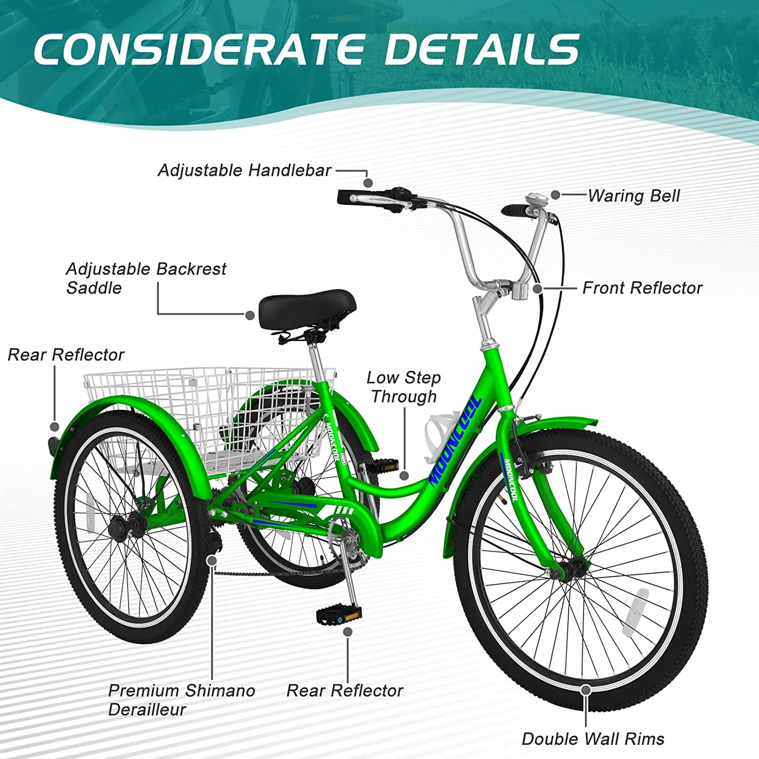 Docred Adult Tricycle 7 Speed 24 Inch Three Wheel Bike Cruiser Trike for Men/Women/Seniors - Womvr