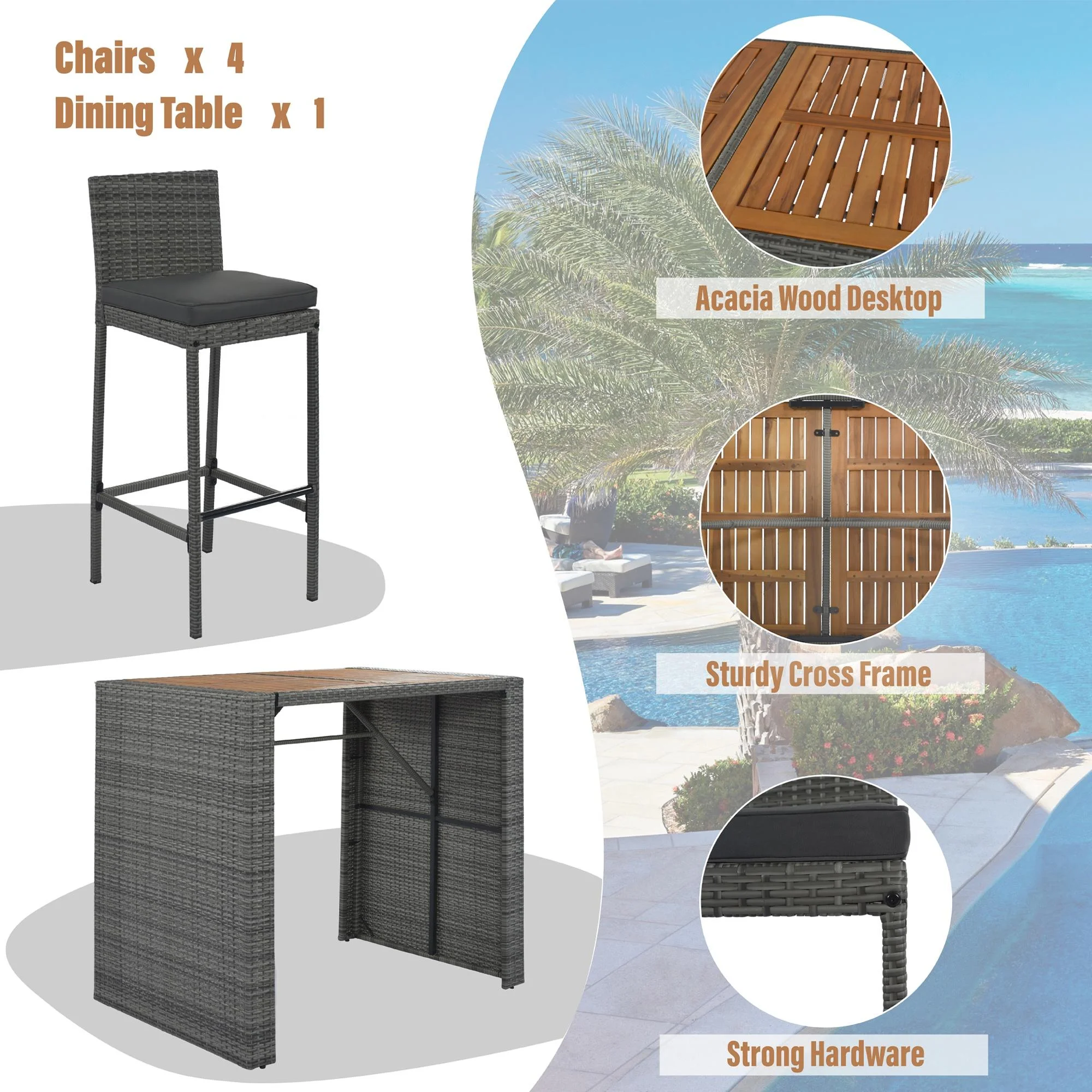 SESSLIFE 5 Piece Outdoor Rattan Dining Set with Storage Shelf, Patio Bar Table and 4 Stools Set, Modern Gray Wicker Outdoor Furniture Sets - Womvr