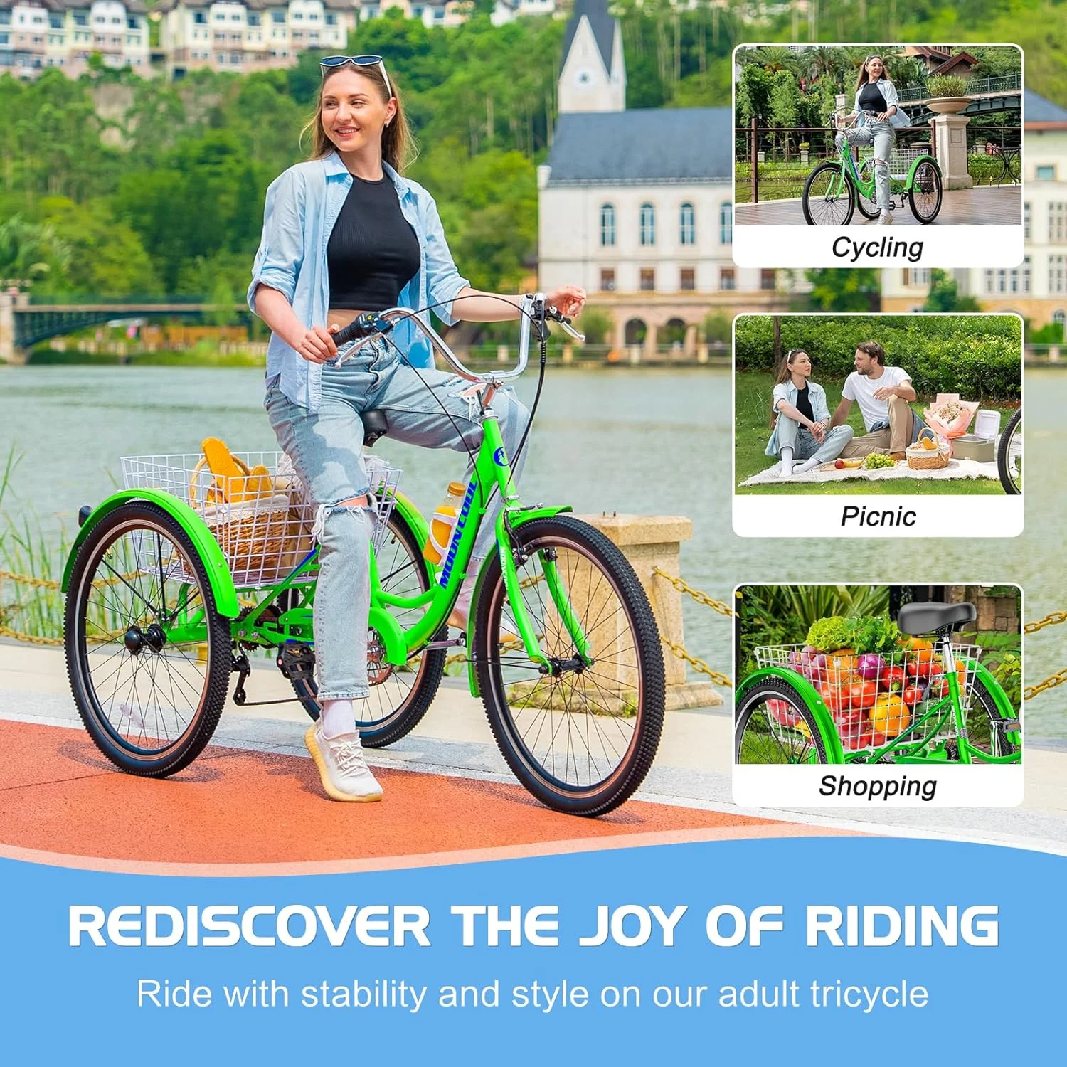 Lilypelle Adult Tricycles 7 Speed 20/24/26 Inch Three Wheel Bike Cruiser Trike with Low-Step Through Frame/Large Basket for Men, Women, Seniors - Womvr