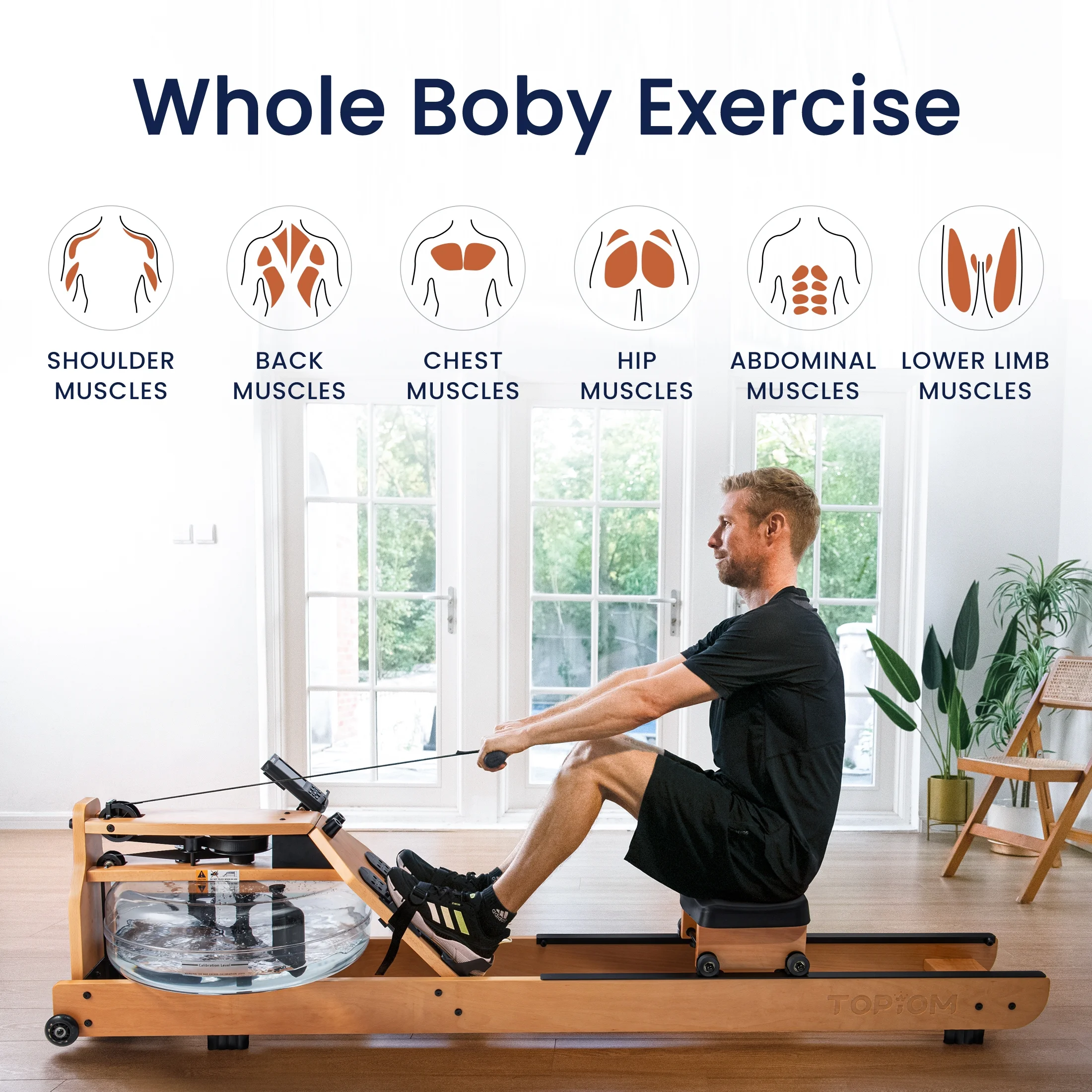 Topiom Water Rowing Machine with TM-3 Performance Monitor Bluetooth Connected 400 lbs Max Load - Womvr