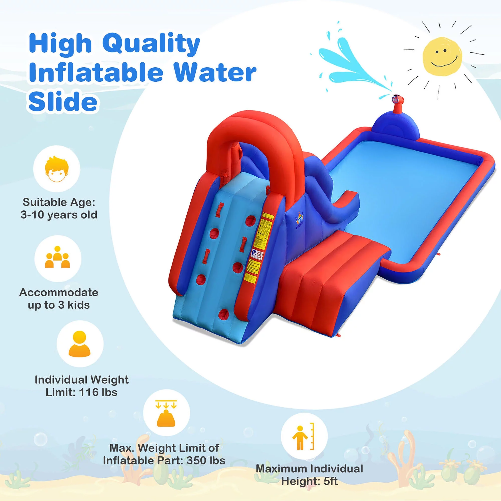 Gymax Inflatable Water Slide Park w/ Climb Slide Pool & 2 Swim Rings Blower Excluded - Womvr