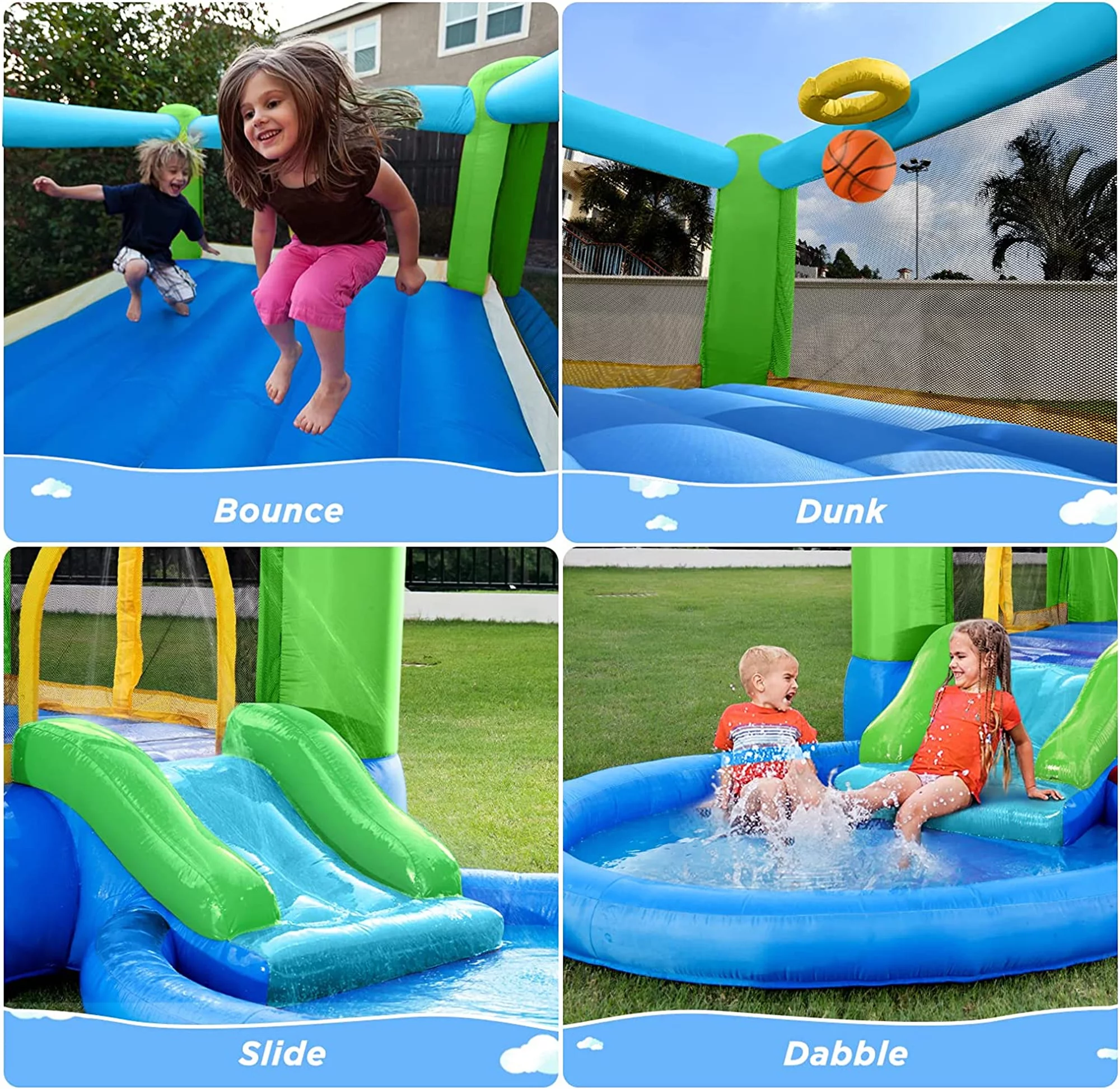 Valwix Inflatable Bounce House with Blower, Bouncy Castle w/ Waterslide & Pool for Wet Dry Combo, Bouncer w/ Repair Kits, Fun Bounce Area with Basketball Hoop - Womvr