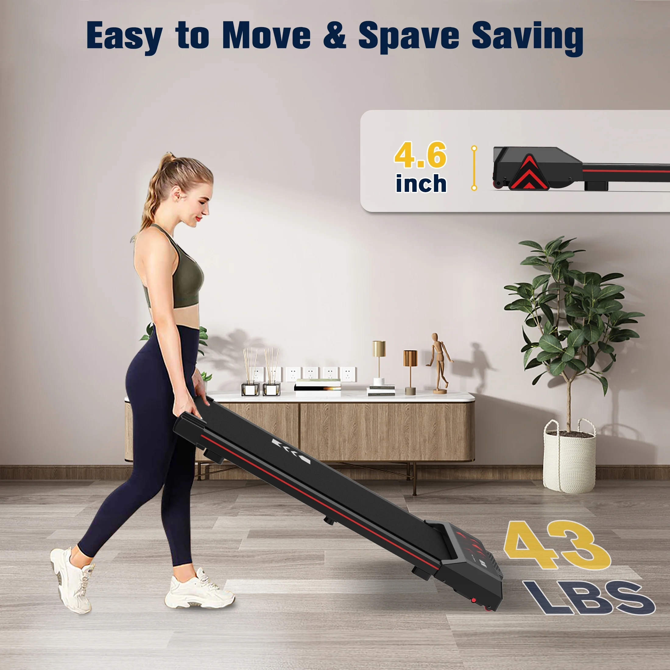 Incline Walking Pad Under Desk Treadmill Portable with Remote 265LBS 2.25HP Workout Fitness, Black - Womvr