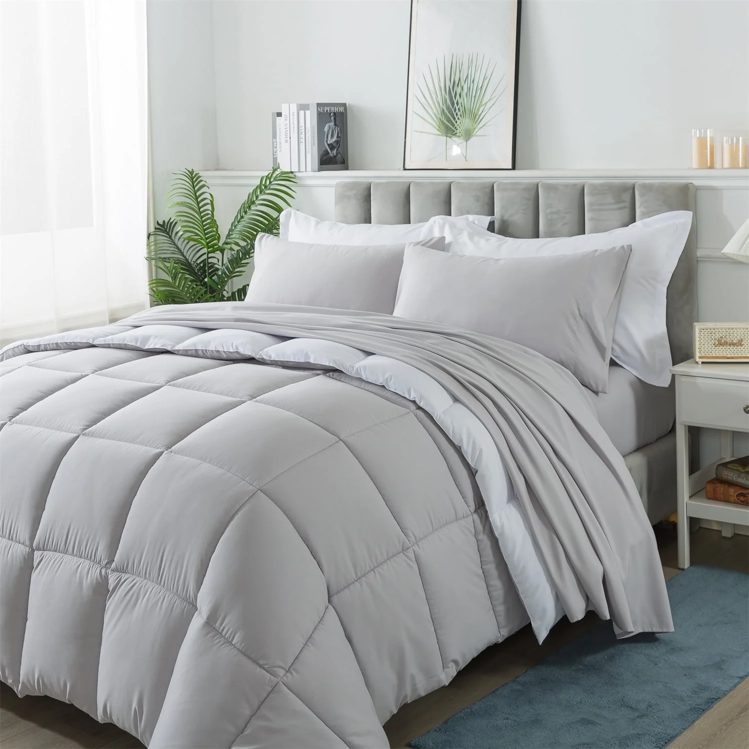 Downcool Queen Size Bed in a Bag 7 Piece Reversible Comforter Set | All-Season Bedding Sets, Adult, Unisex, White/Light Gray - Womvr