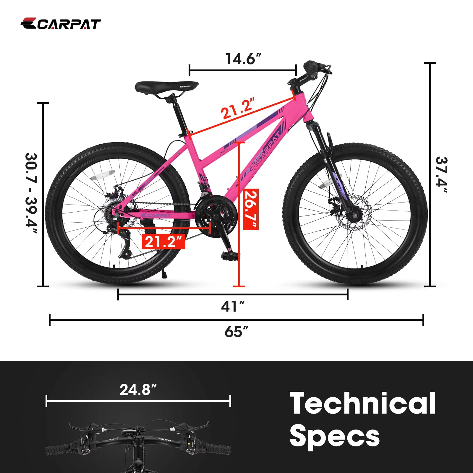 24 inch Mountain Bike, Shimano 21 Speed Drive, Dual Disc Brake, Front Suspension MTB For Boy Girl - Womvr