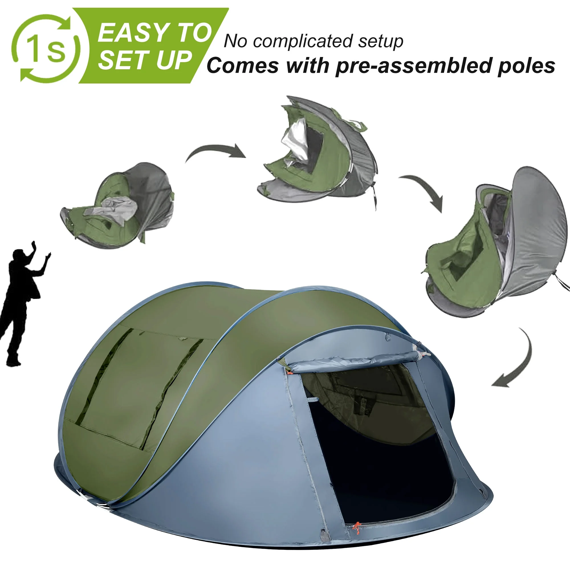 GVDV Camping Tent, 6 Person Easy Pop up Tent, Automatic Setup 2 Doors-Instant Family Tents for Camping Hiking & Traveling, 10.5ft x 7.2ft x52in, Green - Womvr