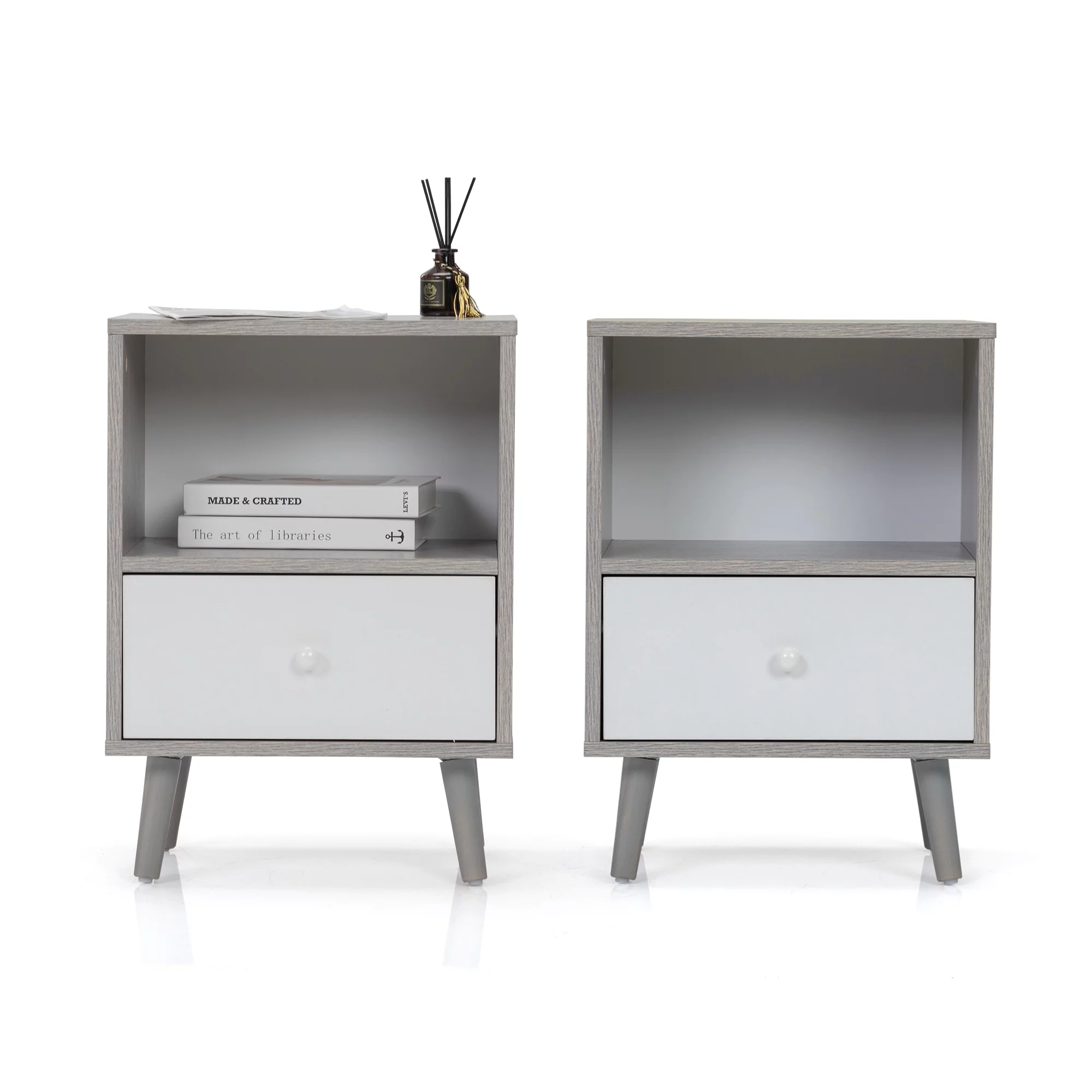 JAXPETY Nightstands Set of 2, Night Stand with 1 Drawer and Open Shelf Storage, End Table, Side Table, for Bedroom, Living Room, Natural Wood & White - Womvr
