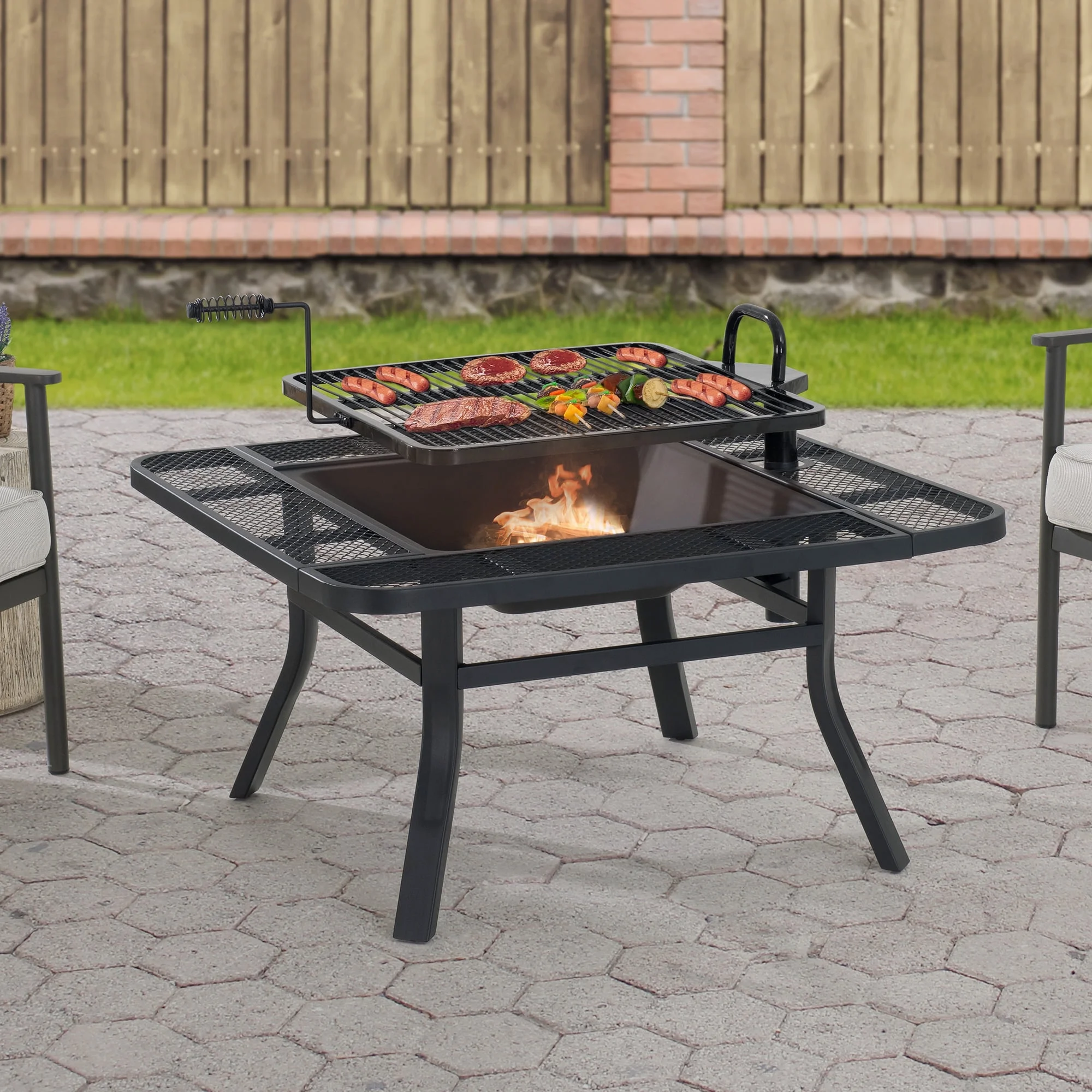 Sunjoy 38 Inch Grill Fire Pit for Outside, Outdoor Wood Burning Firepit with Adjustable Grill Grate and Fire Poker, BBQ Fire Pit table for Patio and Backyard - Womvr