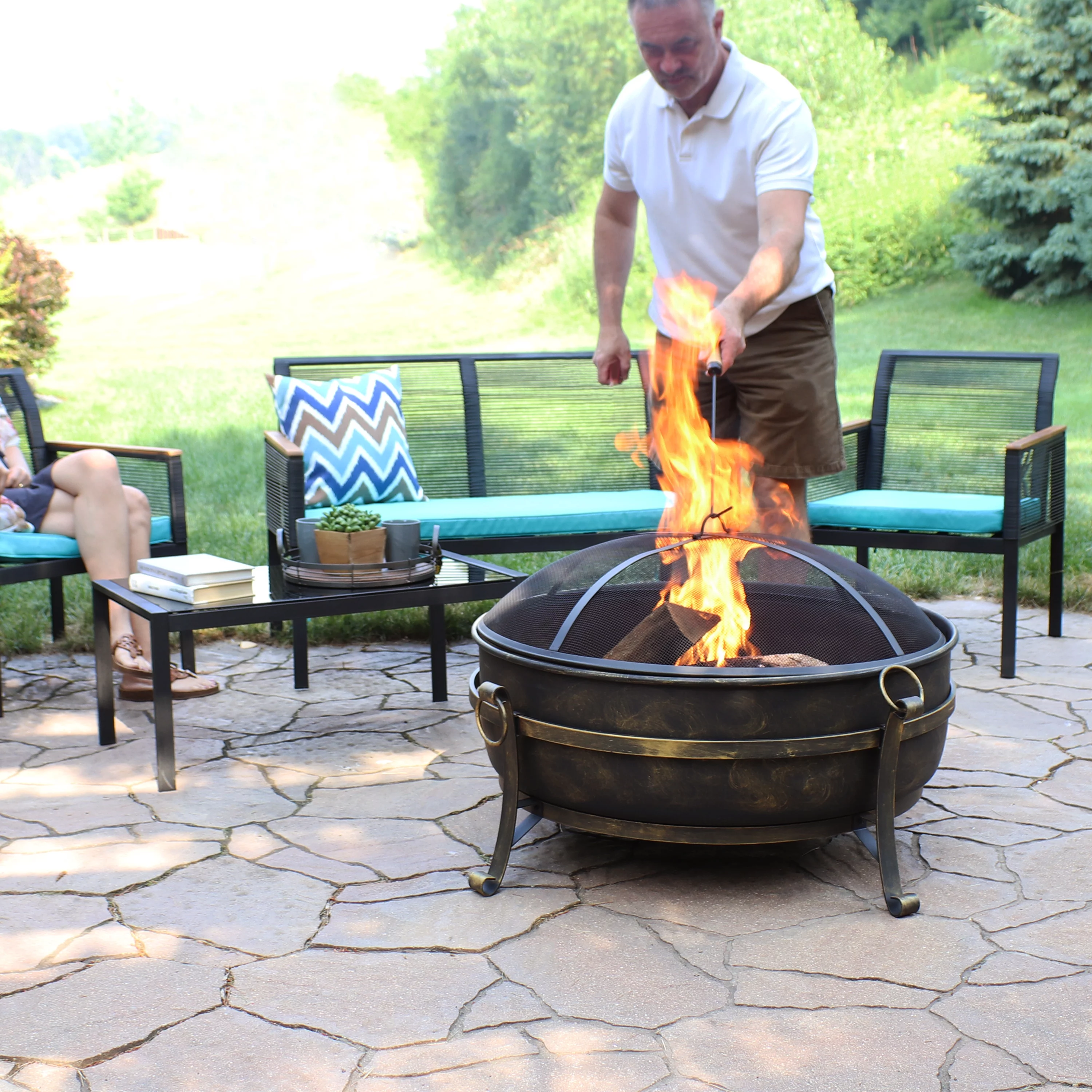 Sunnydaze Large Outdoor Cauldron Fire Pit with Spark Screen - 24