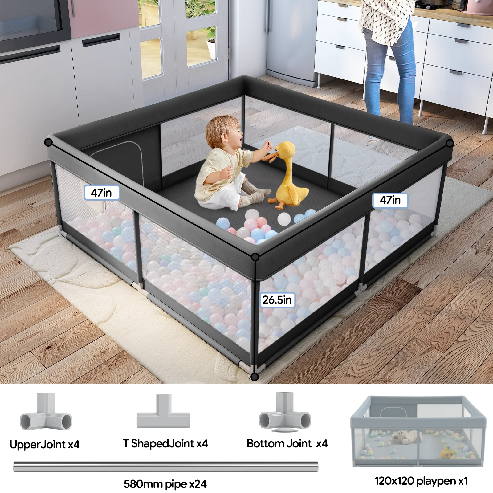Pkinoicy 47x47inch Play Pen with Mat for Babies and Toddlers, Playpen with Mat, Baby Playpen with Mat, mall Baby Playpen with Mat - Womvr
