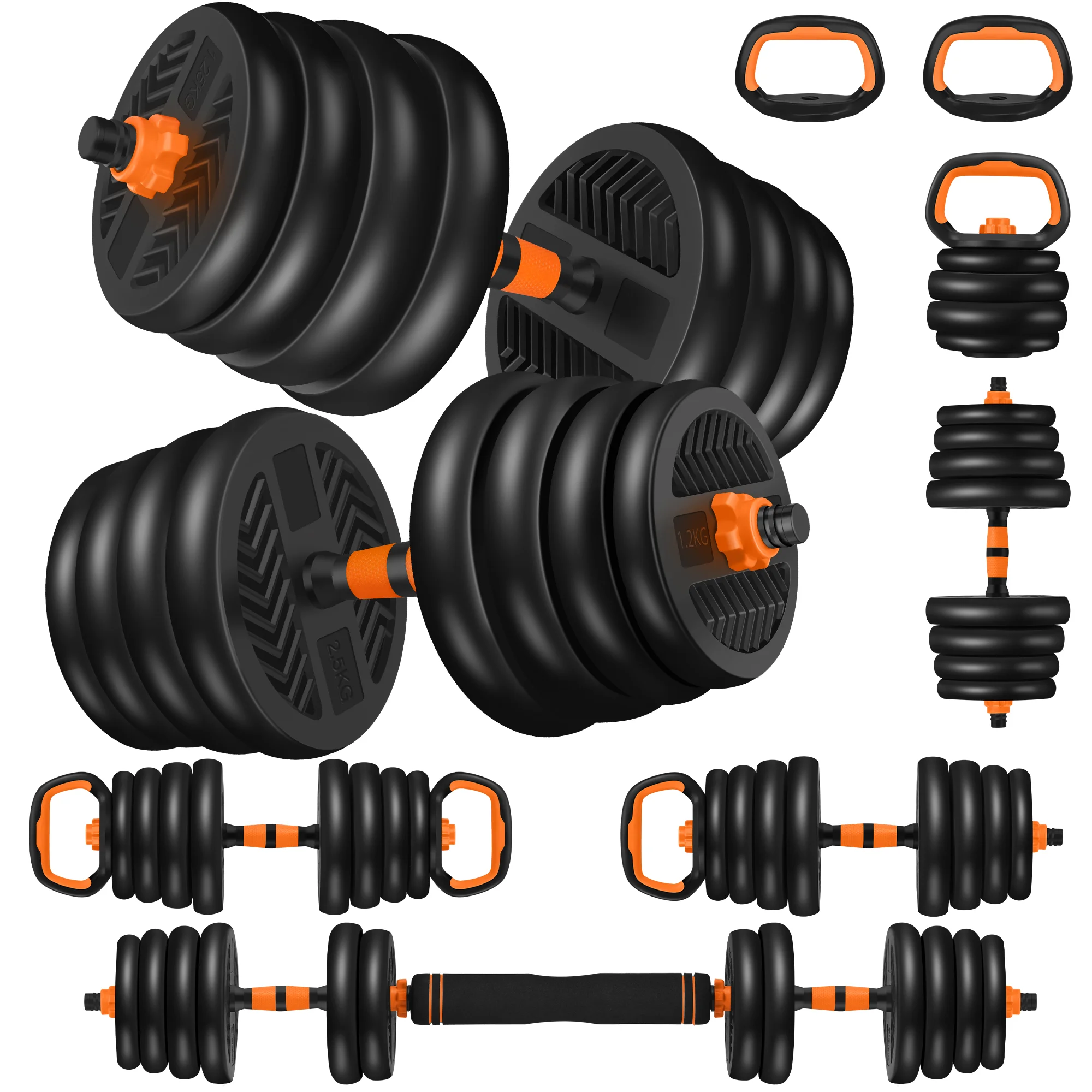 ARVAKOR 66LBS 4 in 1 Adjustable Dumbbell Set with Connecting Rod Used as Barbell, Kettlebells, Push up Stand, Fitness Exercises for Home Gym, Orange - Womvr