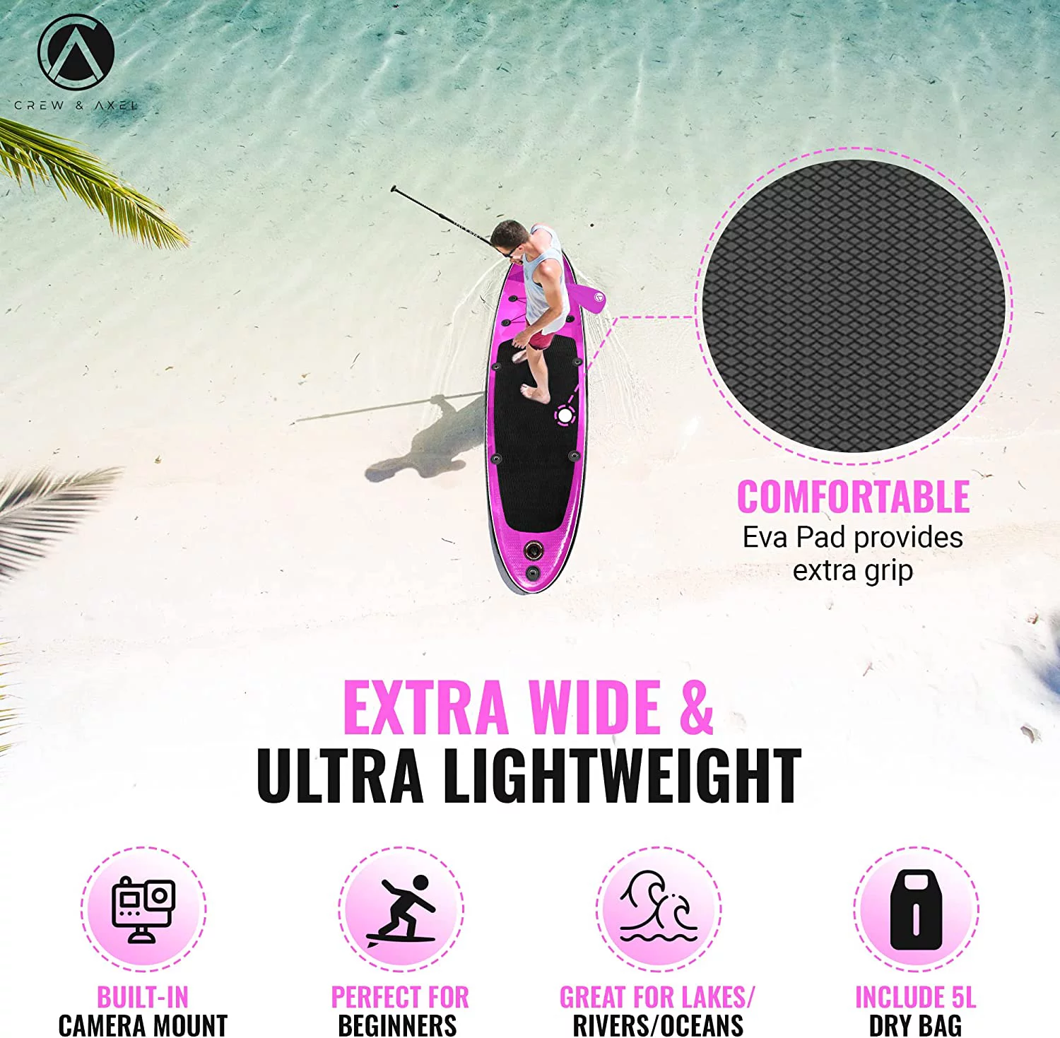 Crew Axel Inflatable Paddle Board 10'33'6” (18lb) SUP Kit Includes Paddle Pump Bag Shiny Pink - Womvr
