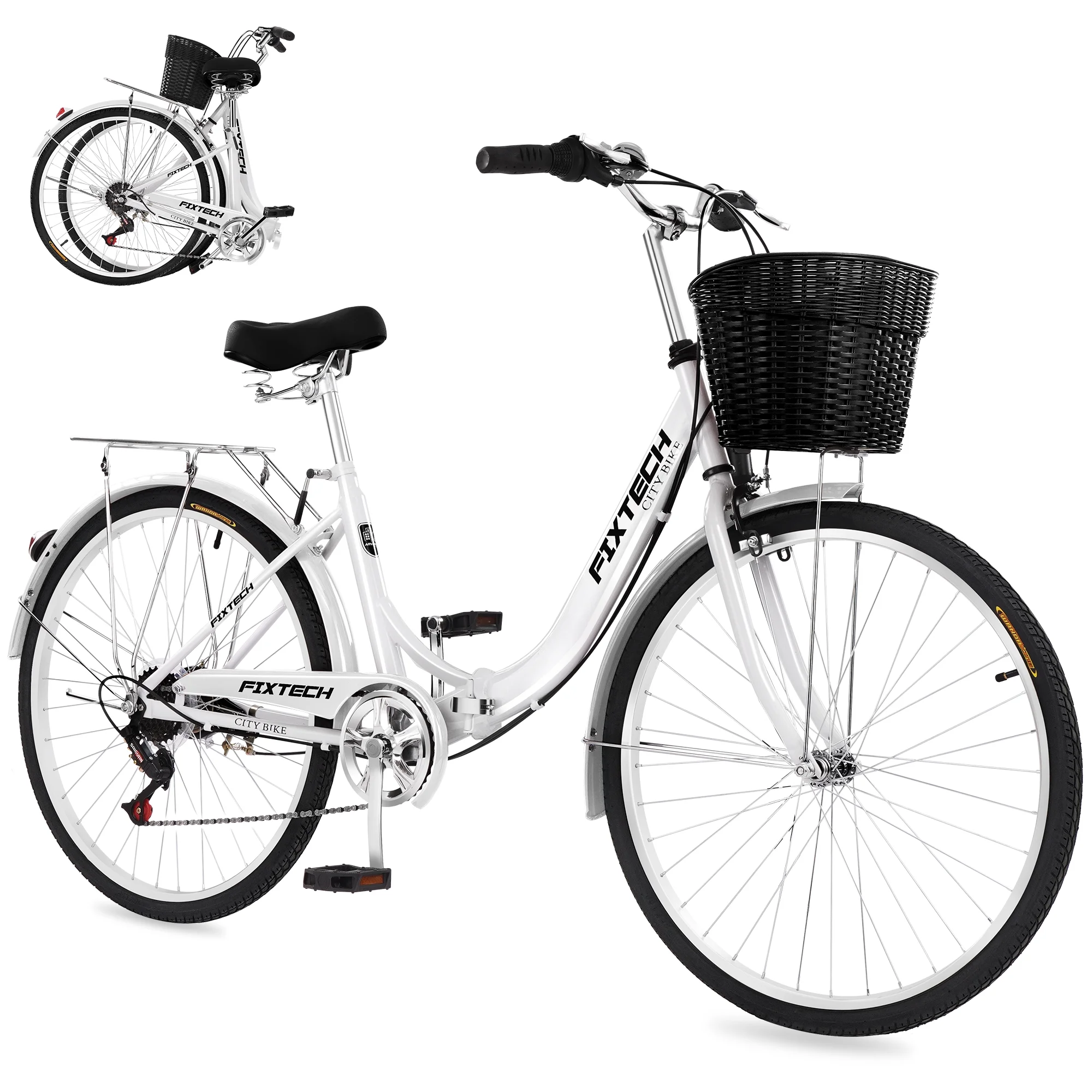 FIXTECH 26 Inch 7 Speed Foldable City Bike, Cruiser Bike, Carbon Steel Bicycle for Adults, White - Womvr