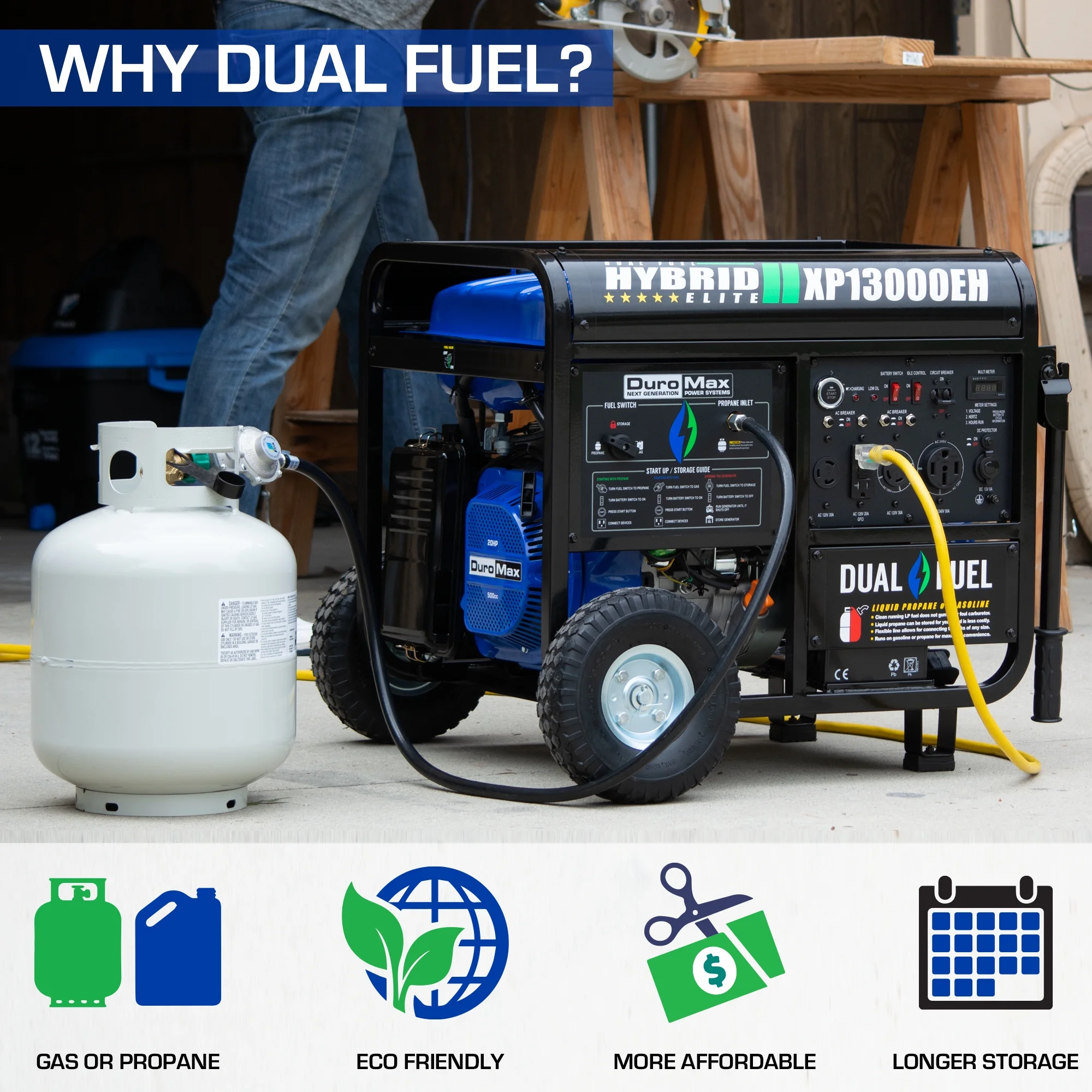 DuroMax XP13000EH 13,000-Watt 500cc Portable Hybrid Gas Propane Generator - Womvr