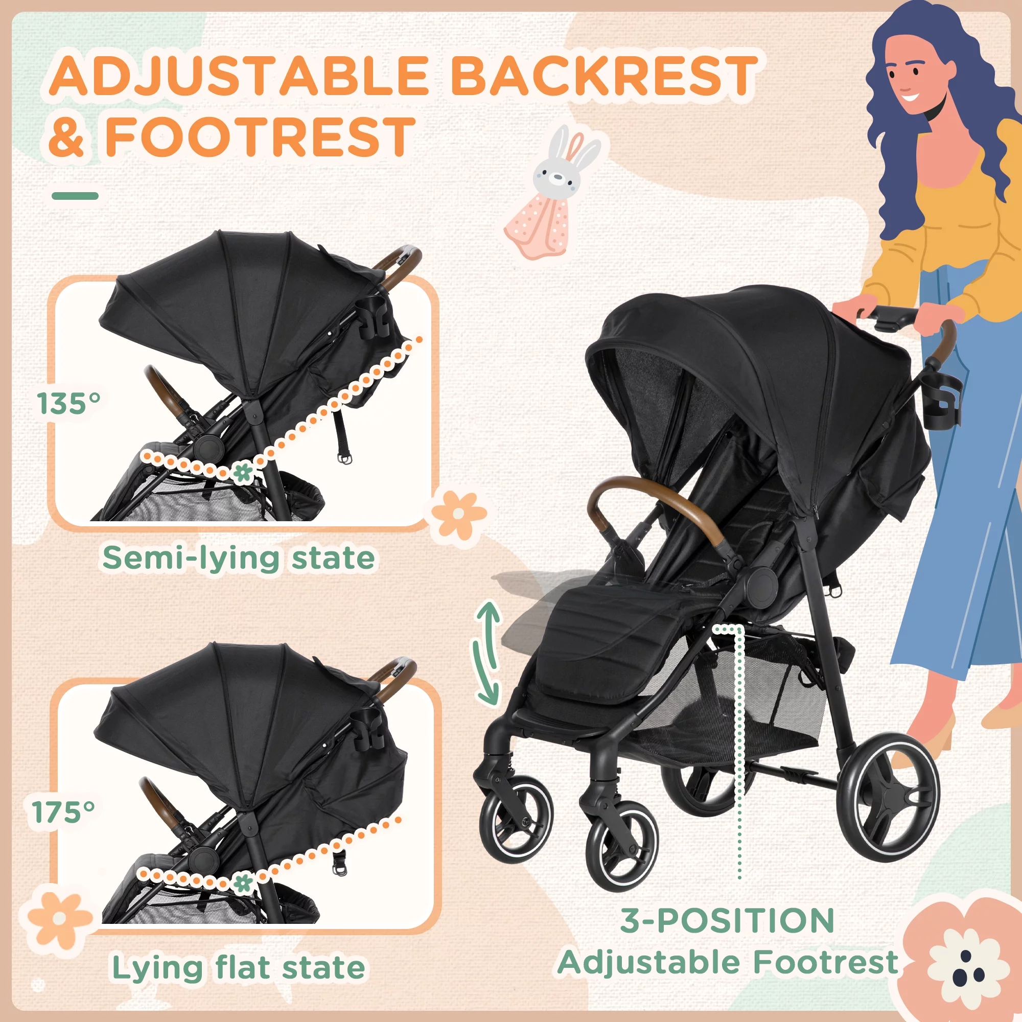 Qaba 1-Click-Foldable Toddler & Baby Stroller, Lightweight Stroller, Black - Womvr
