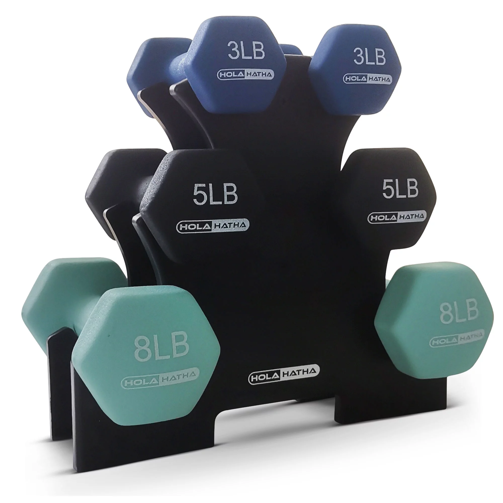 HolaHatha 3, 5, and 8 Pound Dumbbell Hand Weight Set with Storage Rack, Multi - Womvr