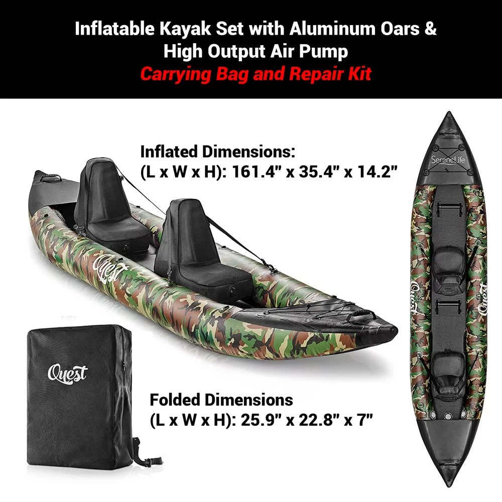 SereneLife 2 Person Inflatable Kayak Double Kayak W/ Aluminum Paddles, Repair Kit Lightweight, Camo - Womvr