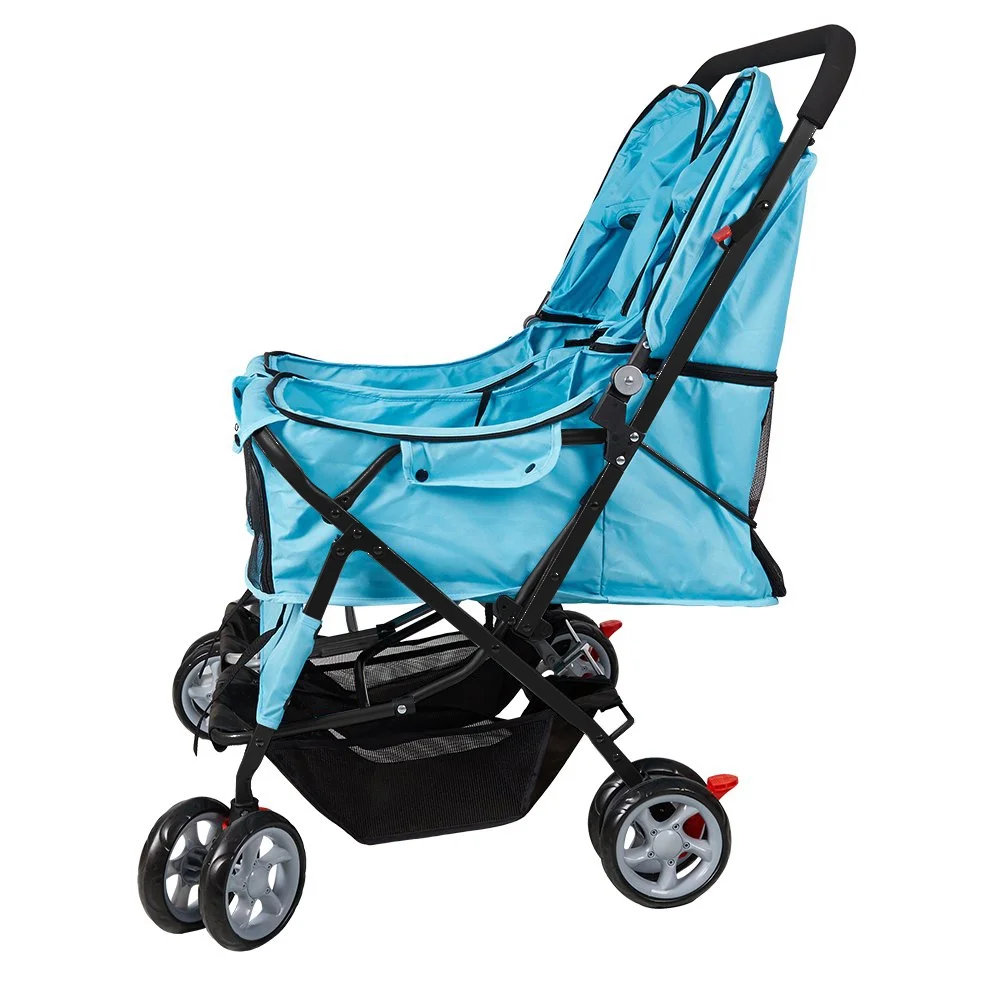 Karmas Product Double Pet Stroller Foldable Doggy Stroller Two-Seater Carrier Strolling Cart for Dog Cat, Blue - Womvr