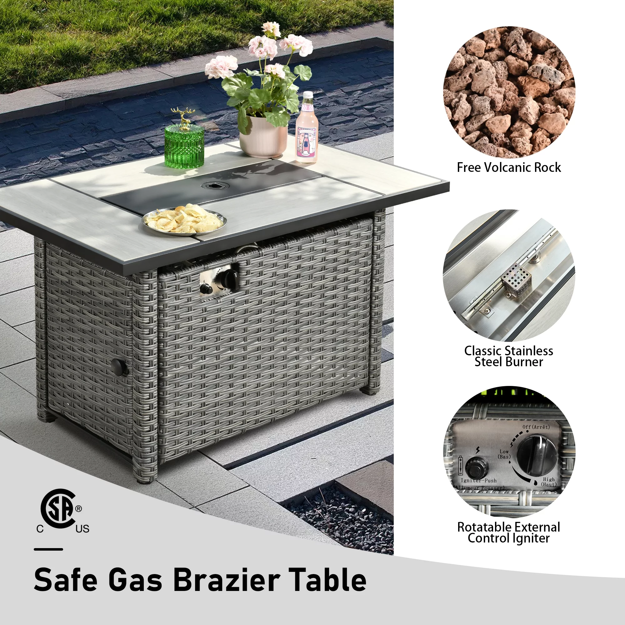 Ovios Outdoor Wicker Propane Fire Pit Table 42-Inch 50,000 BTU Flame Gas Fire Pits for Patio with Waterproof Cover & Lid Rectangle - Womvr