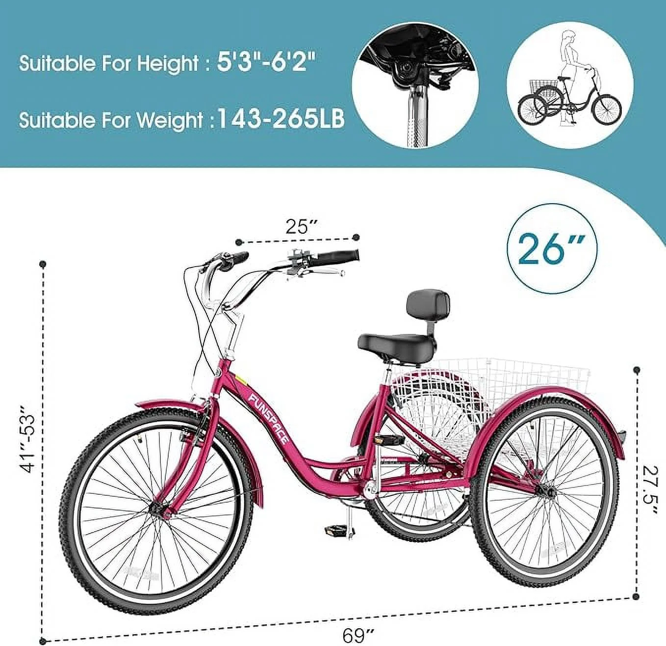 Lilypelle Adult Tricycles 7 Speed 20/24/26 Inch Three Wheel Bike Cruiser Trike with Low-Step Through Frame/Large Basket for Men, Women, Seniors - Womvr