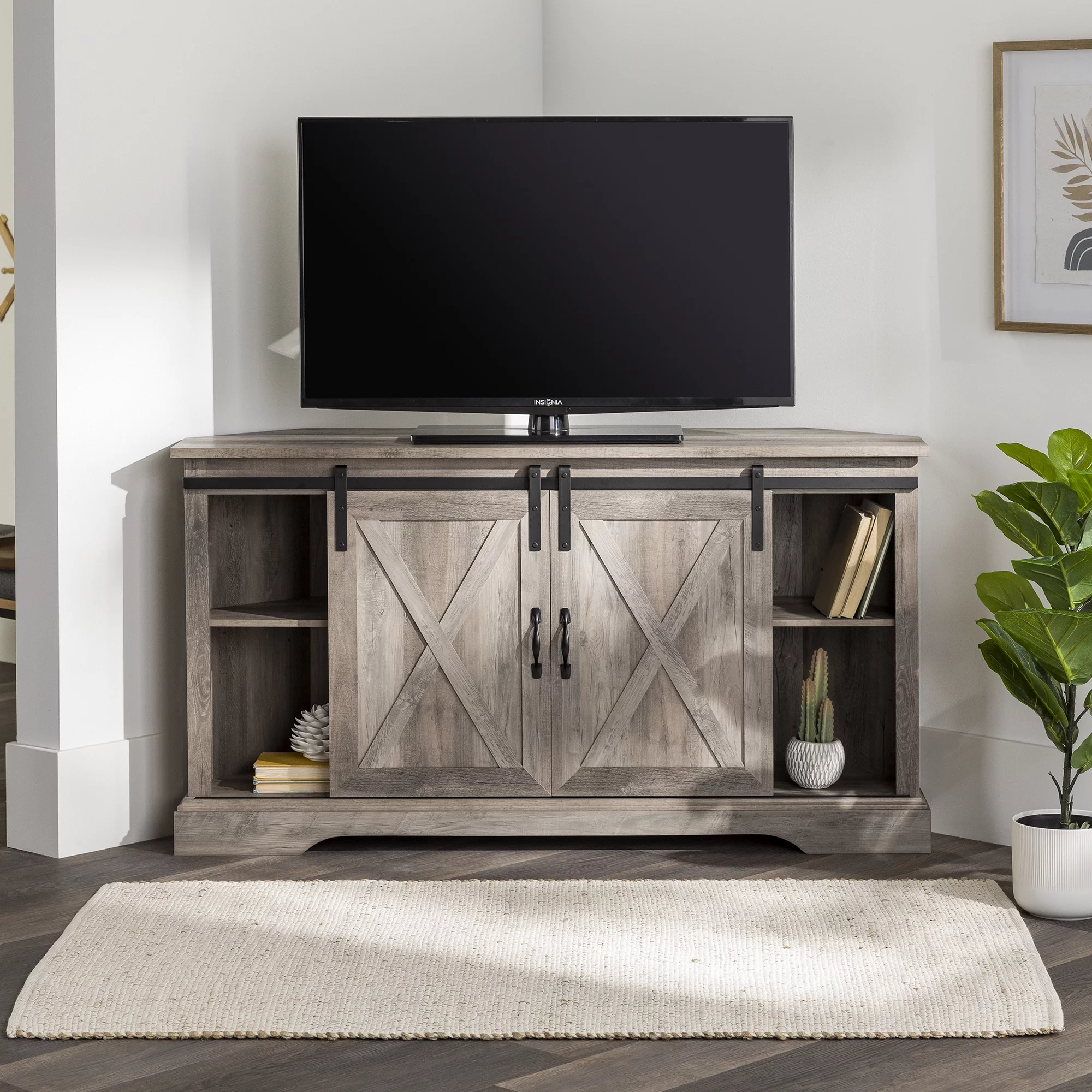 Walker Edison Modern Farmhouse Sliding Door Corner TV Stand, White Oak - Womvr