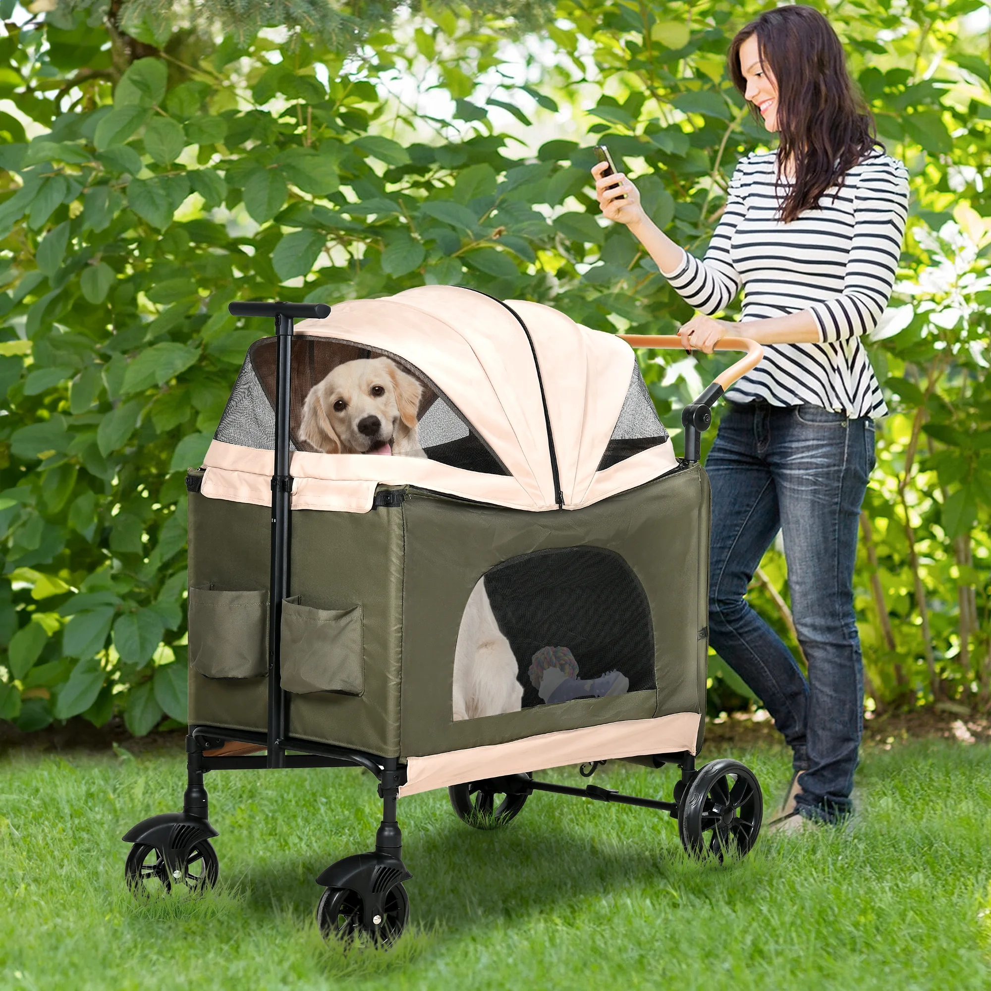DWVO Dog Stroller for Large Medium Dogs, Upgraded Version with Larger Room, 4 Wheels Foldable Pet Stroller with 360�� Rotation Wheel, Cat Kitty Puppy Stroller with Storage Basket - Green & Pink - Womvr