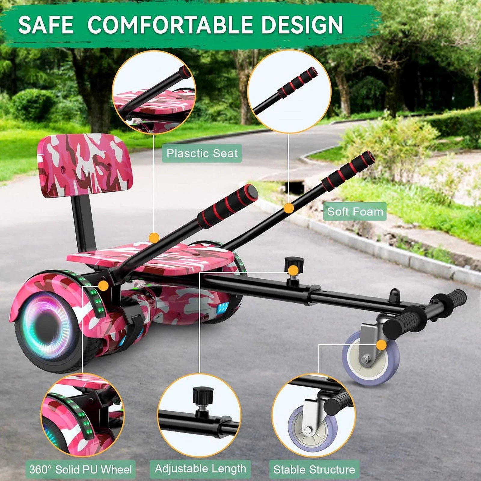 SISIGAD Hoverboard with Seat, 6.5 inch Hoverboard Go Kart Combo with Bluetooth Speaker & LED Lights for Kids Adults - Womvr