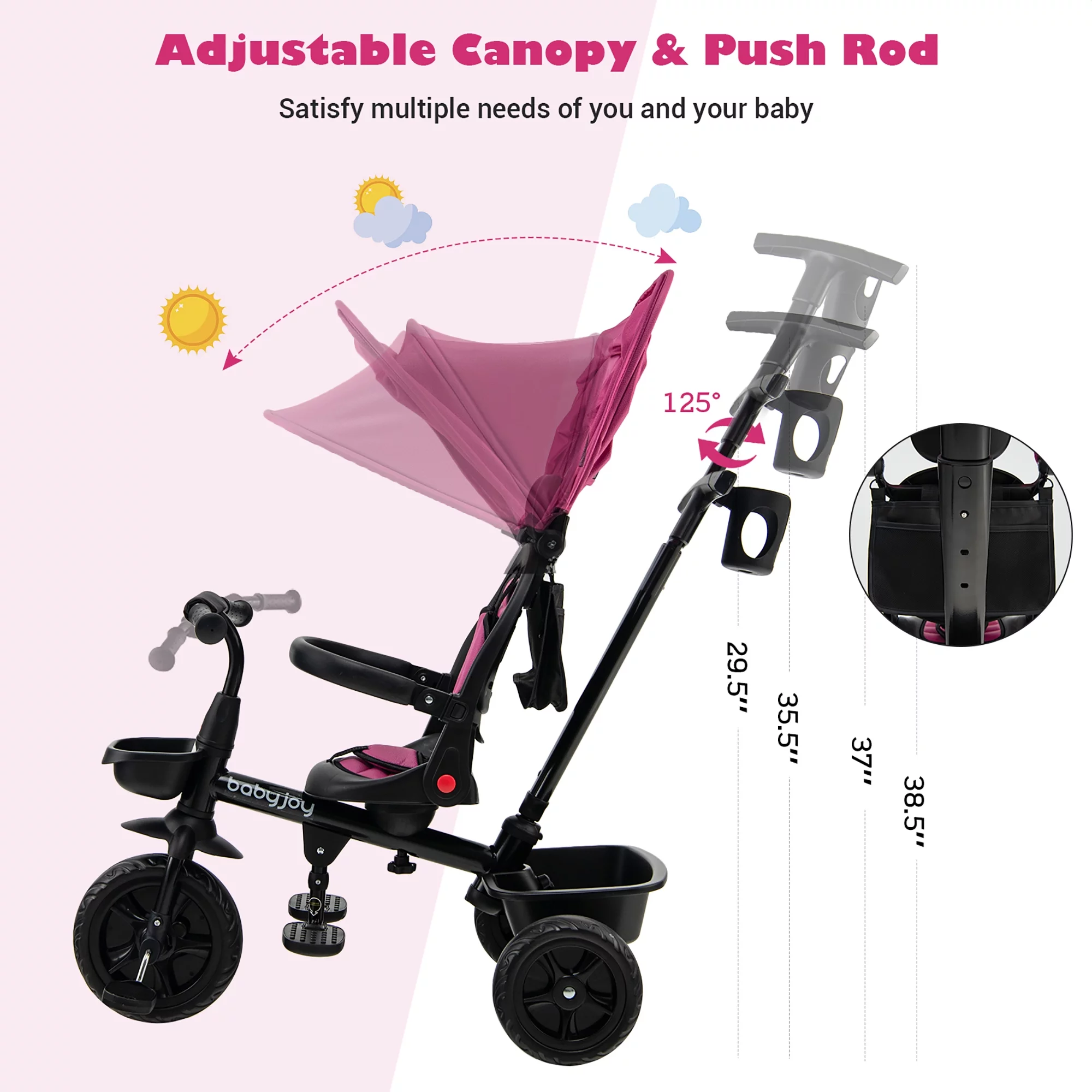 Babyjoy 4-in-1 Toddler Tricycle Reversible Baby Trike W/ Height Adjustable Push Handle - Womvr