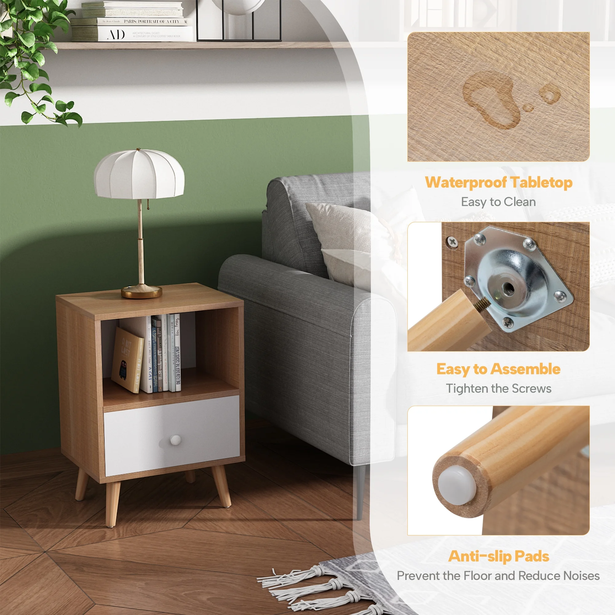 JAXPETY Nightstands Set of 2, Night Stand with 1 Drawer and Open Shelf Storage, End Table, Side Table, for Bedroom, Living Room, Natural Wood & White - Womvr