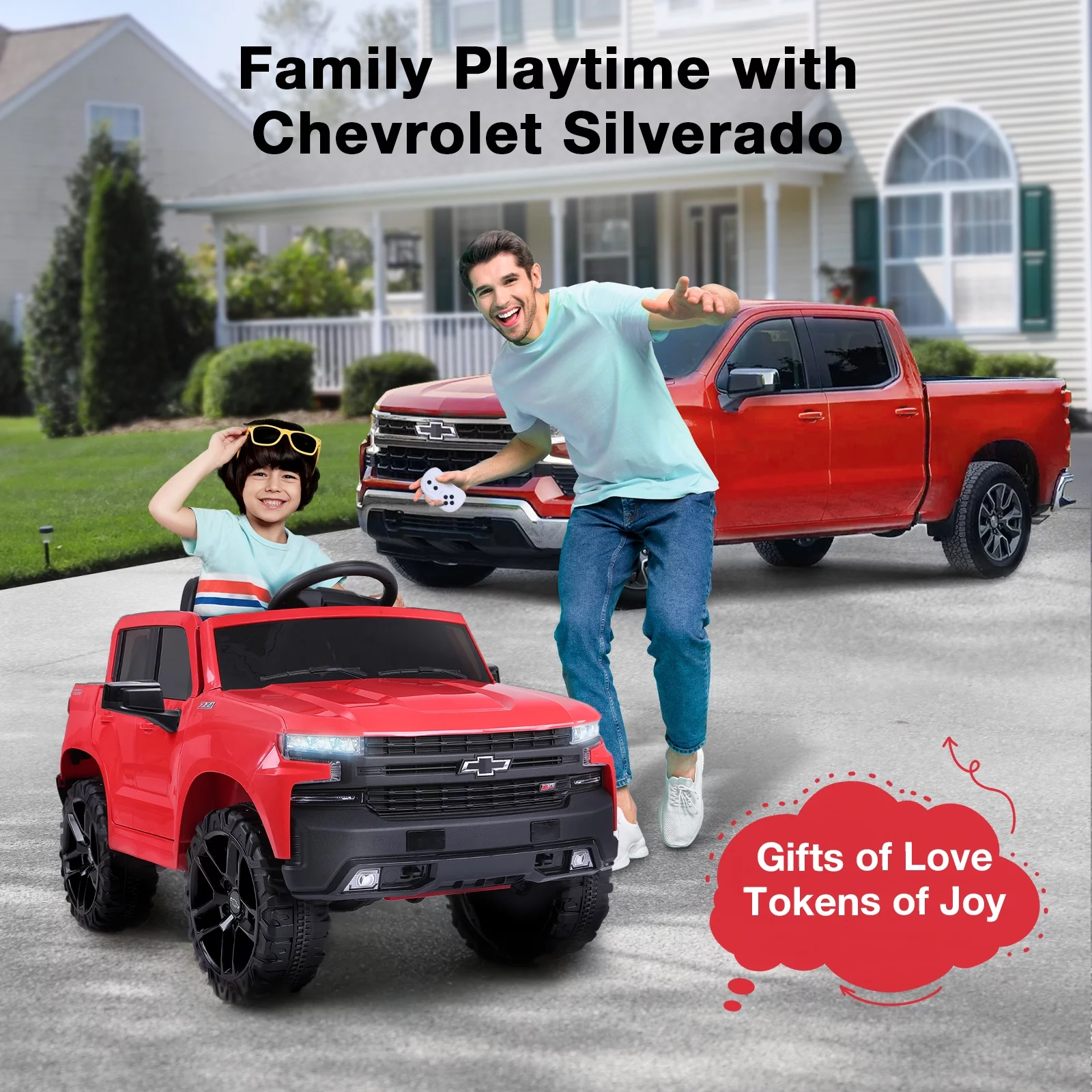 FUNTOK Licensed Chevrolet Silverado 12V Kids Electric Powered Ride on Toy Car with Remote Control & Music Player, Black - Womvr