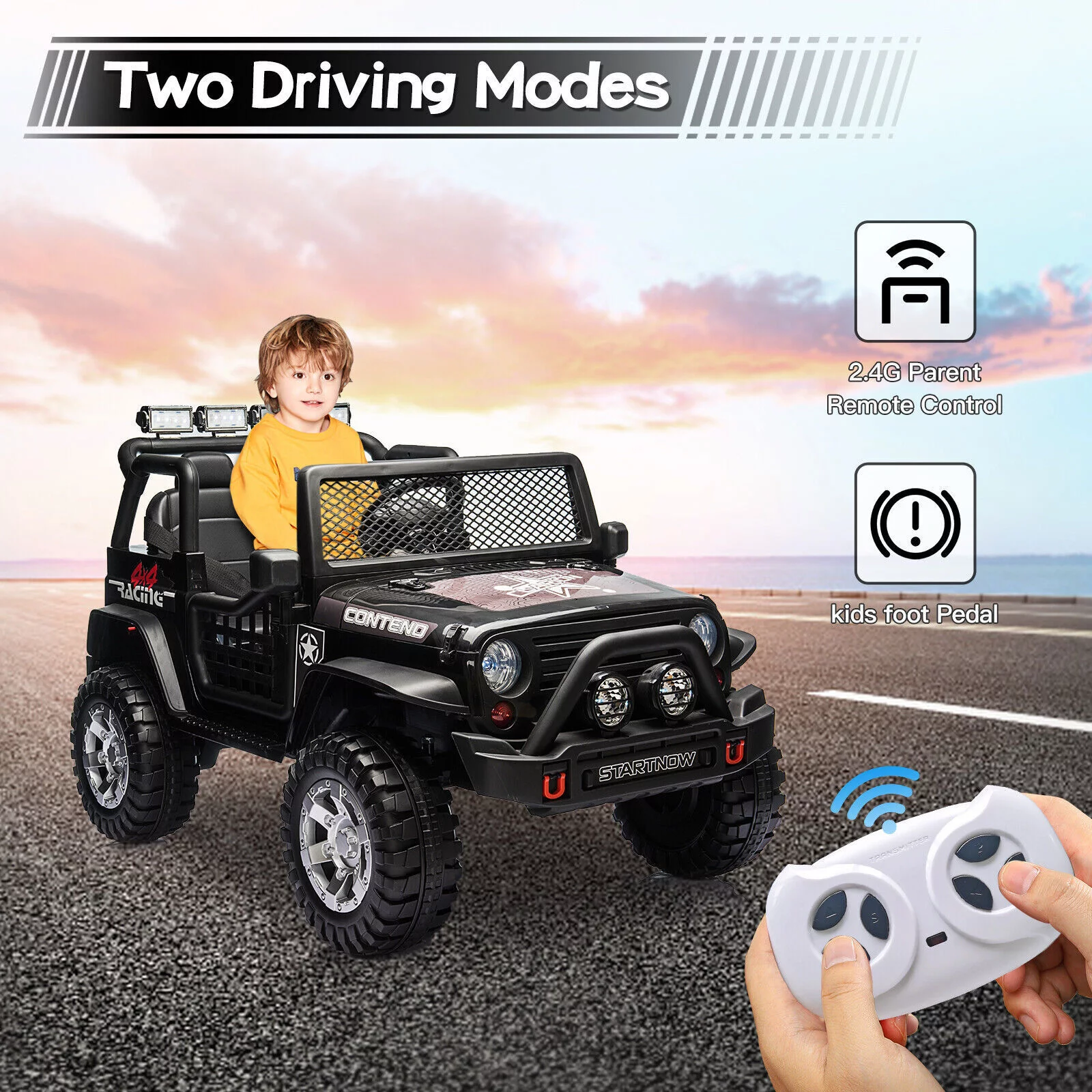 Dazone 12V Kids Ride on Jeep Car, Electric 2 Seats Off-road Jeep Ride on Truck Vehicle with Remote Control, LED Lights, MP3 Music, Black - Womvr