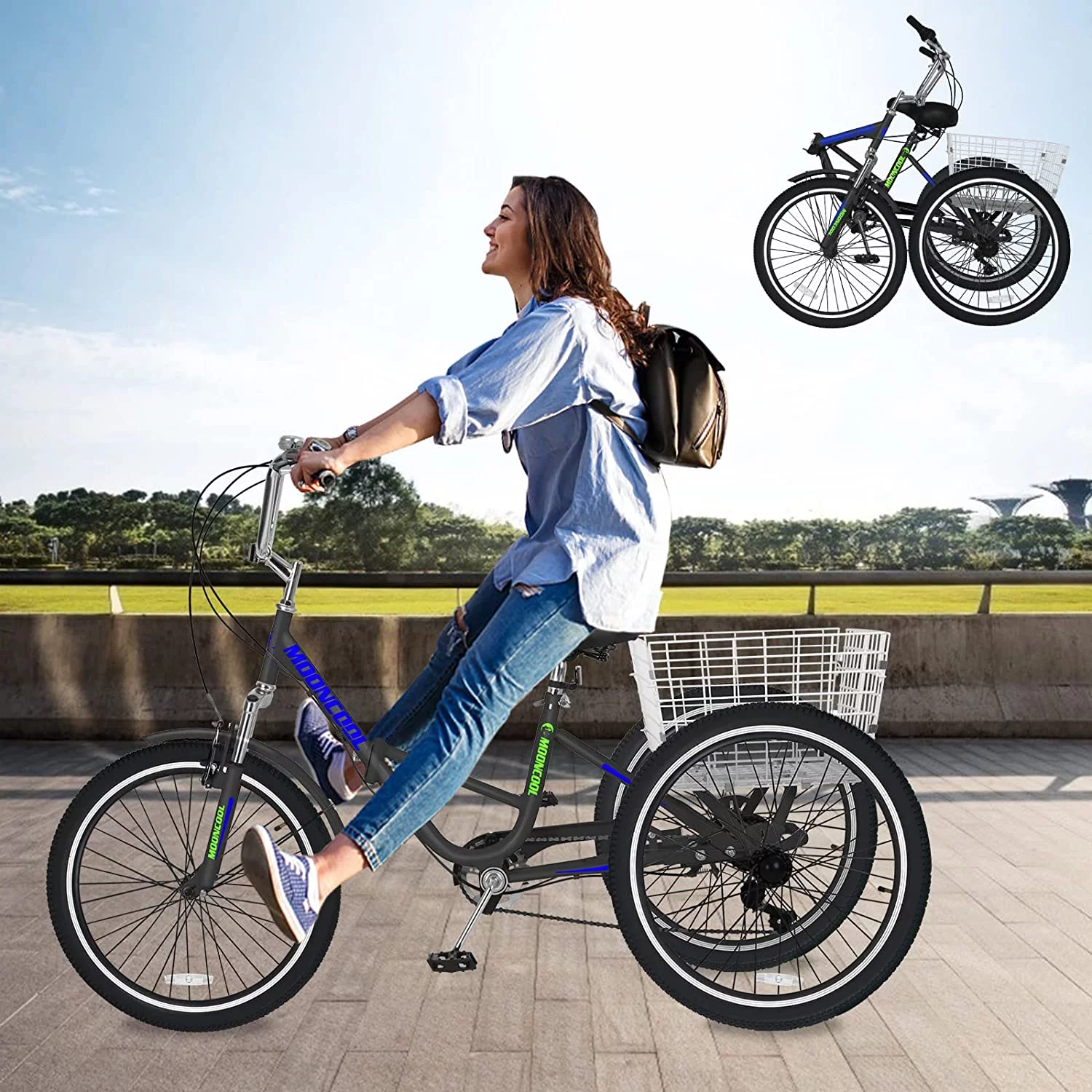 MOONCOOL Adult Folding Tricycle, 7 Speed 20/24/26 inch Adult Tricycles, Three Wheel Bike Cruiser Trike with Large Basket - Womvr