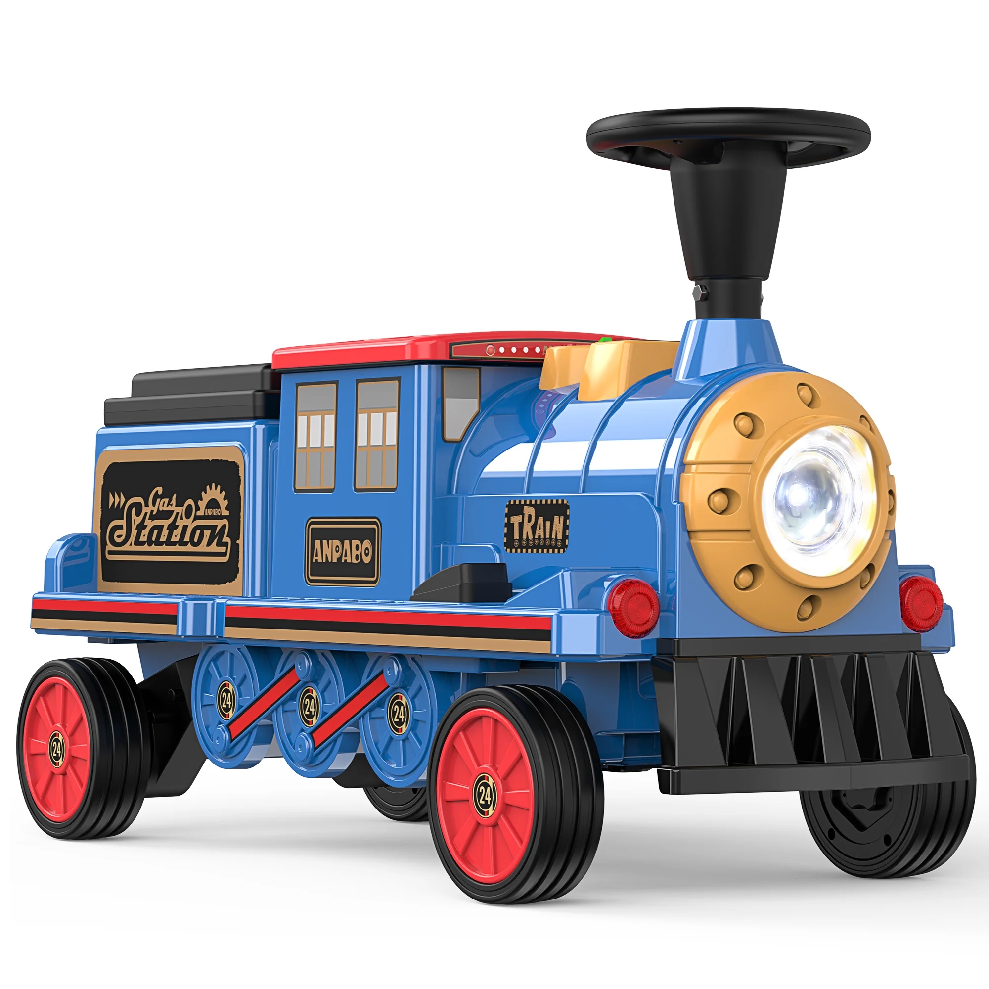 TOKTOO 12Volt 2 Seater Kids Ride on Train W/ Rubber Wheels, Storage Box, LED Headlight, Music Player-Black Red - Womvr