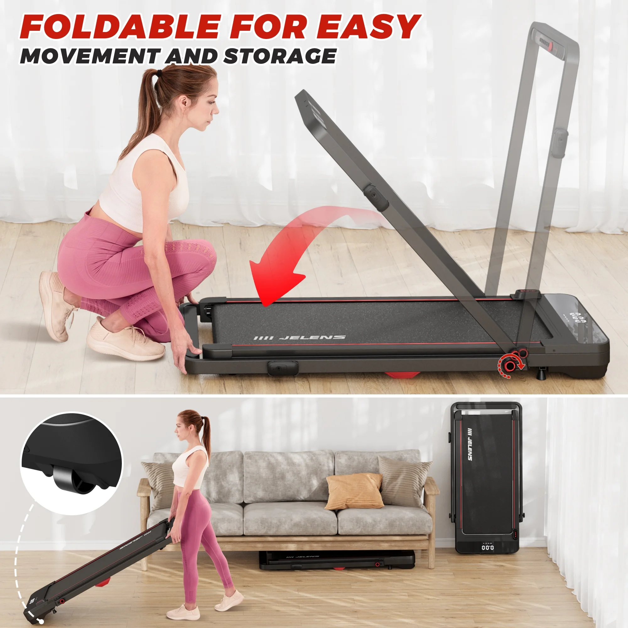 JELENS 2 in 1 Treadmill, 2.5HP Walking Pad Folding Treadmill with Remote Control and LED Display, Portable Under Desk Treadmill for Home Office with 265lbs Weight Capacity - Womvr