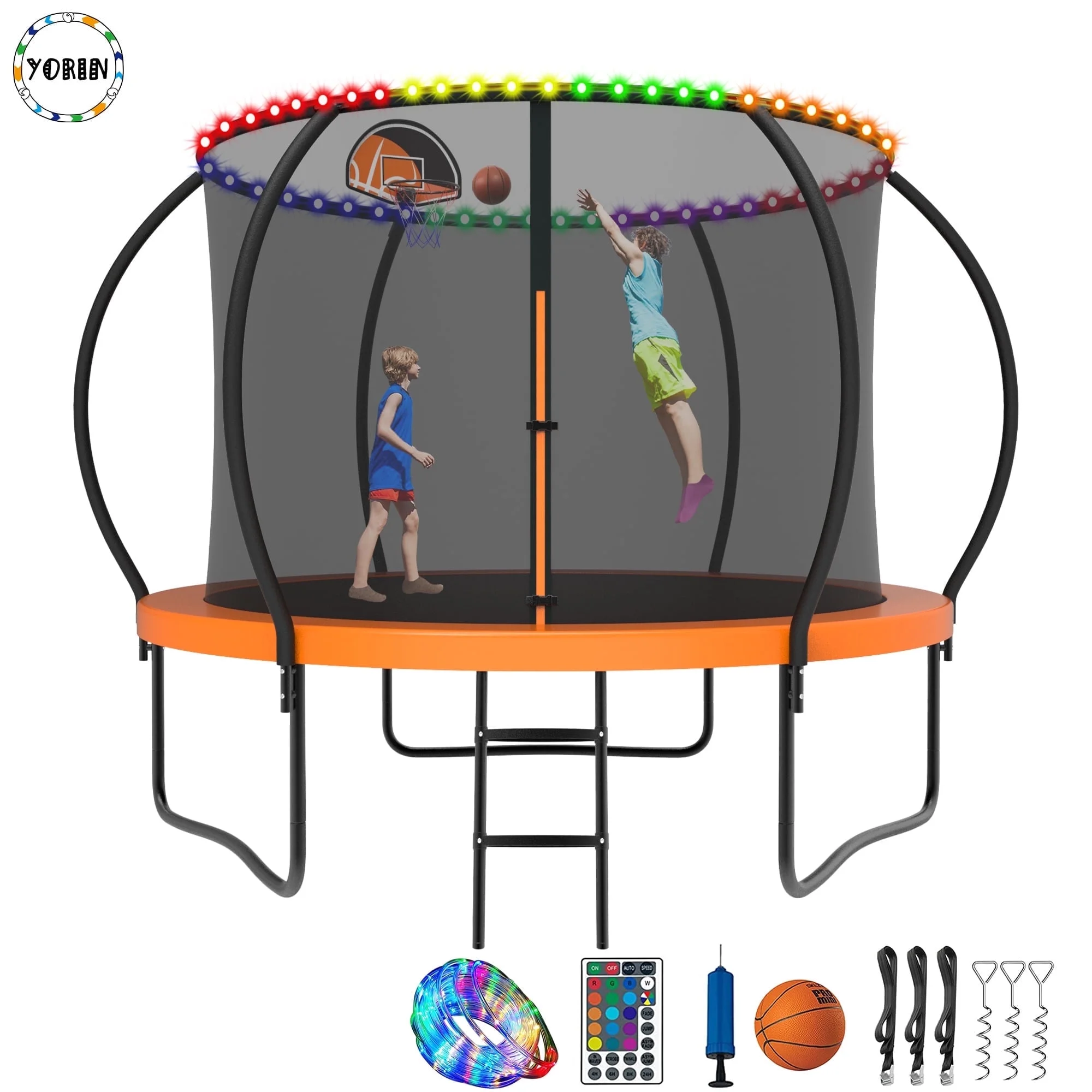 YORIN Trampoline for 2-3 Kids, 8FT 10FT Trampoline for Adults with Enclosure Net, Basketball Hoop, Ladder, 800LBS Outdoor Recreational Trampoline with Light, Sprinkler, Socks, Heavy Duty Trampoline - Womvr