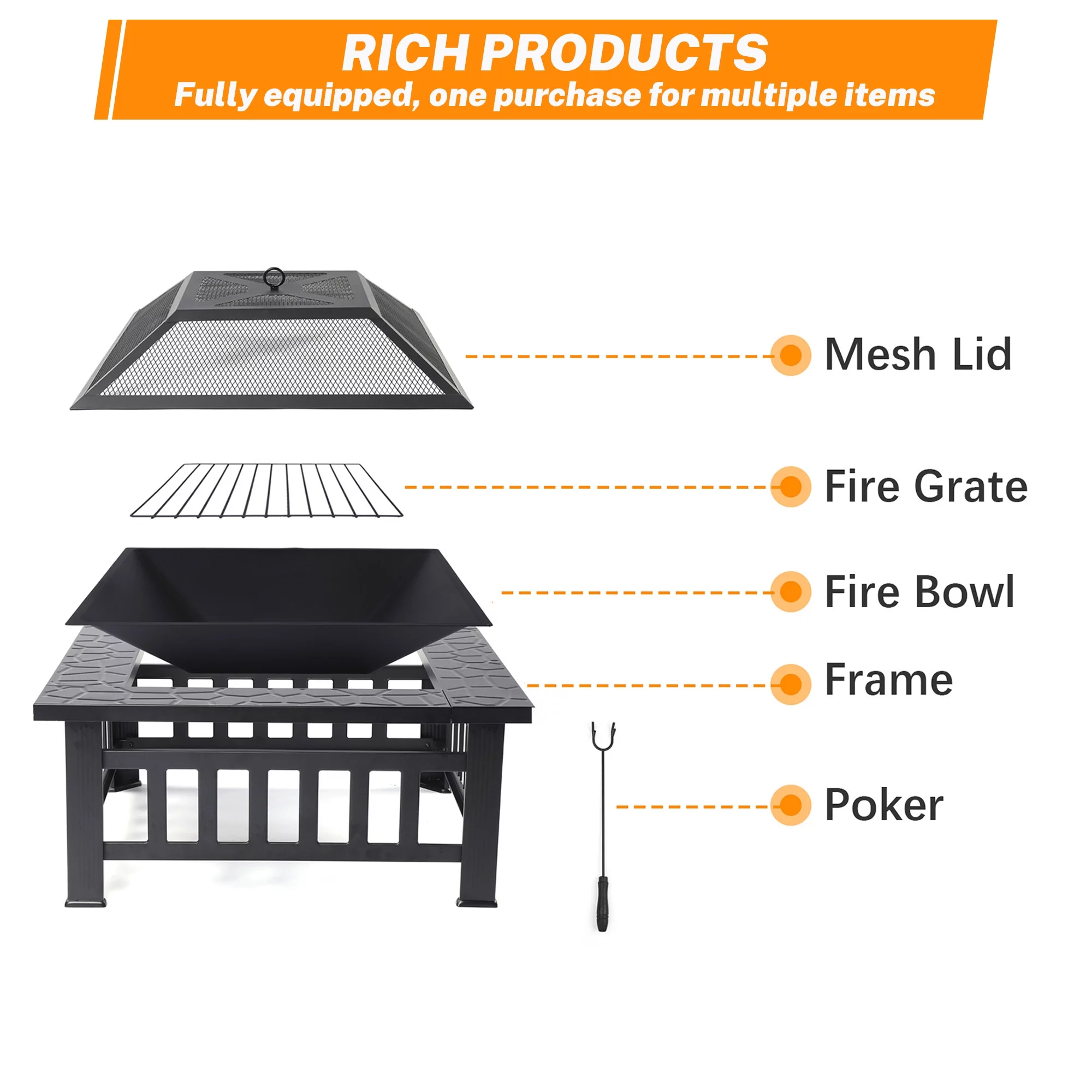 Multifunctional Fire Pit Table, Metal Fire Pit for Outside Stone Pattern, Wood Burning Outdoor Fireplace with Screen Lid/Poker for Backyard Patio Garden, 32