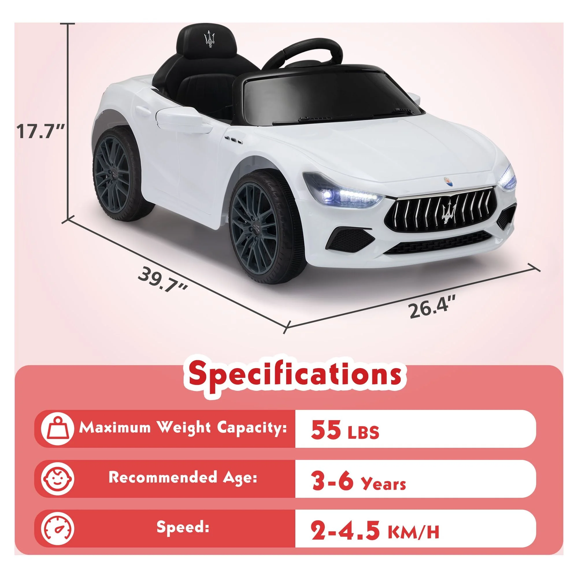 12V Maserati Licensed Kids Ride on Car Battery Powered Toy Car W/ Remote Control LED MP3 USB, Pink - Womvr