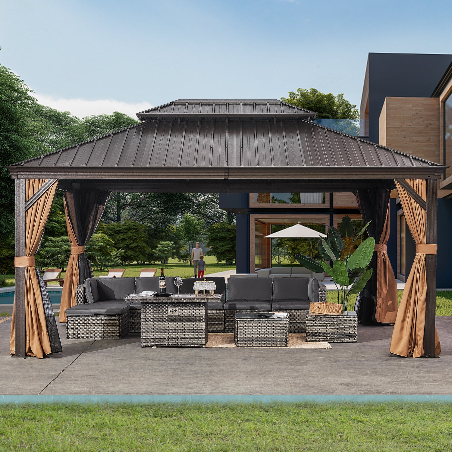 Aoxun 10'x12' Hardtop Gazebo, Outdoor Steel Double Roof Canopy, Aluminum Frame Permanent Pavilion with Curtains and Netting, Sunshade for Garden, Patio, Lawns, Black - Womvr