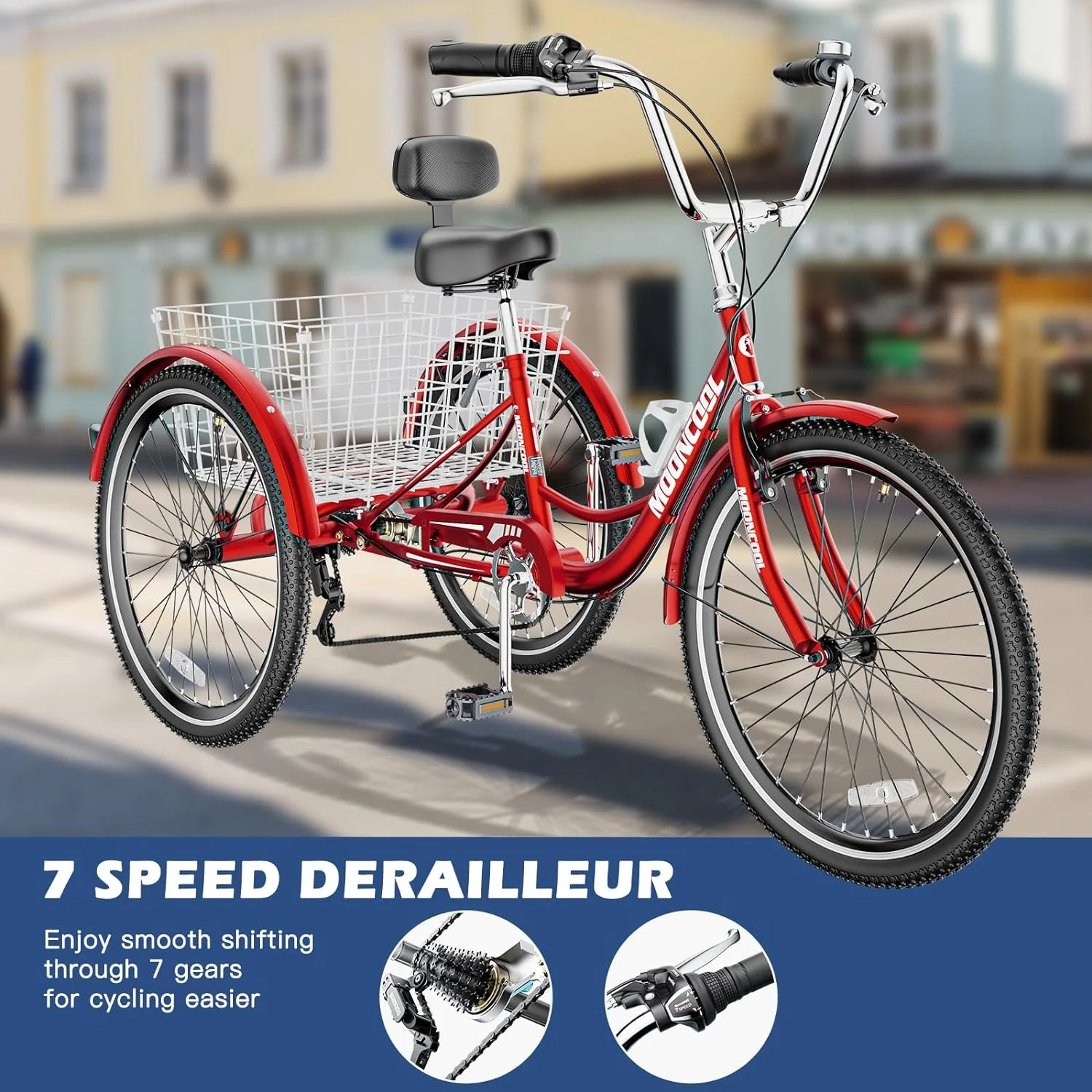 MOONCOOL Adult Tricycles with Rear Basket, 24 26 inch 7 Speed 3 Wheel Bikes, Three-Wheeled Bicycles Adult Trike with Backrest for Seniors, Women, Men - Womvr