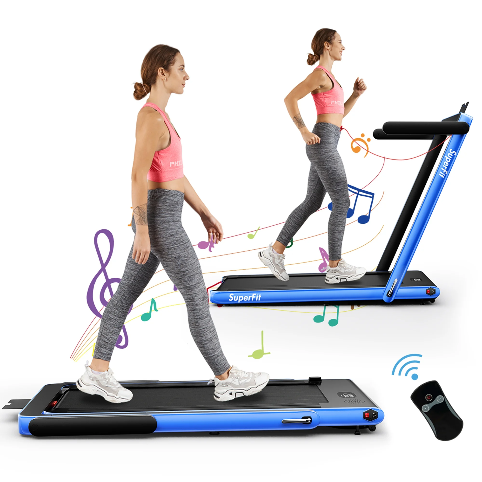 SuperFit Up To 7.5MPH 2.25HP 2 in 1 Single Display Screen Folding Treadmill Remote Control W/ APP Control Speaker Black - Womvr