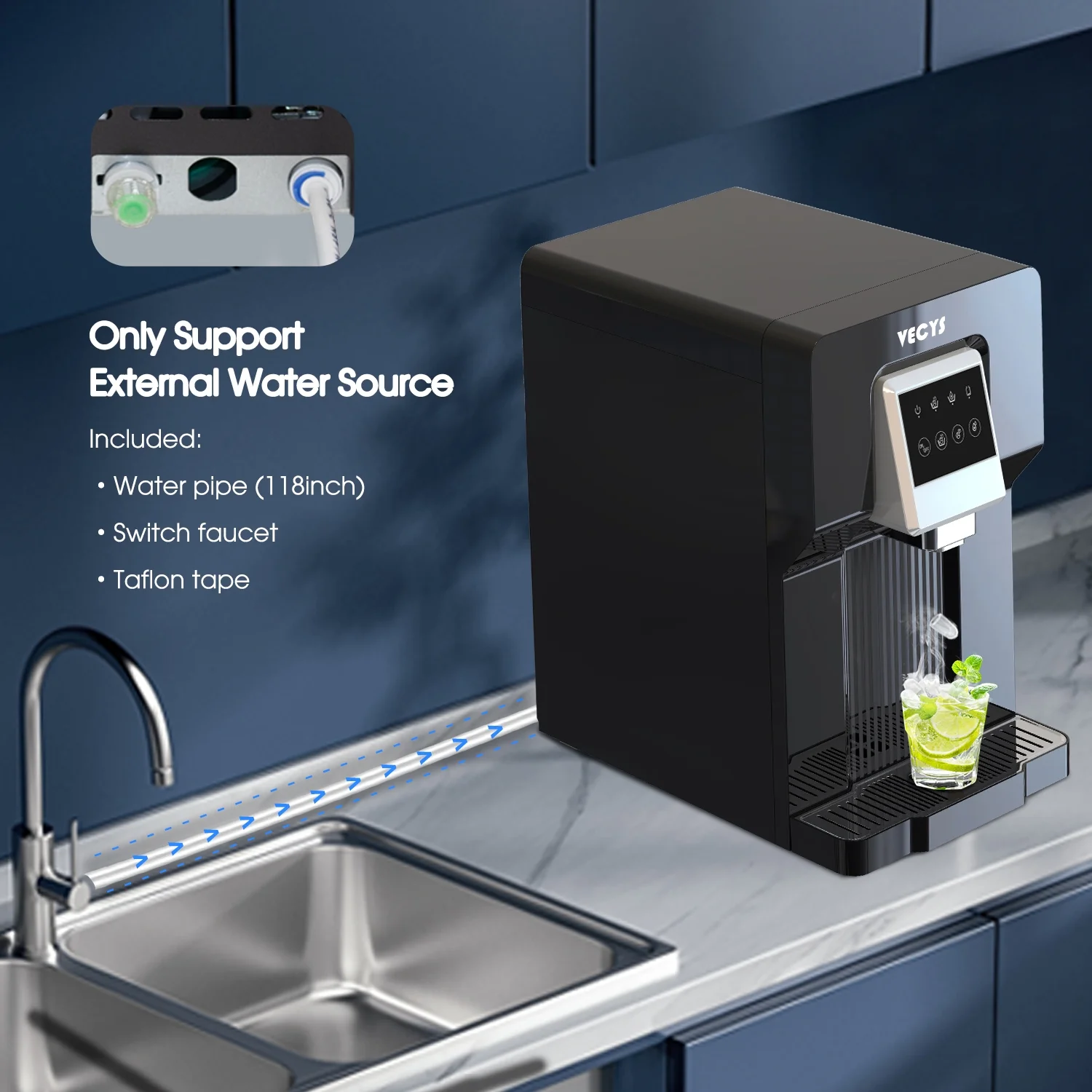 VECYS Water Cooler Dispenser with Built-in Ice Maker, 26LB Daily Ice Production and Refreshing Cold Water for Home and Office Countertop Use (NO Hot Water) - Womvr
