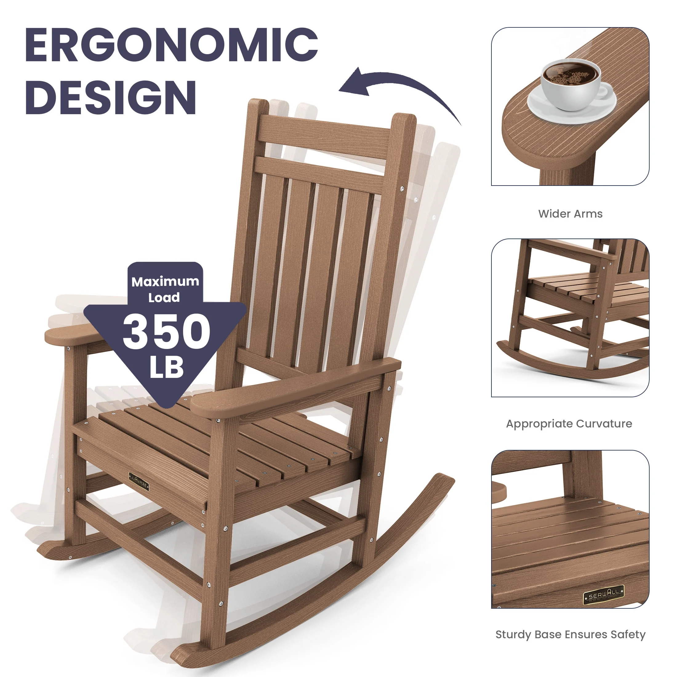 SERWALL Outdoor Oversized Slat Rocking Chair, HDPE Plastic Porch Rocker, Gray - Womvr