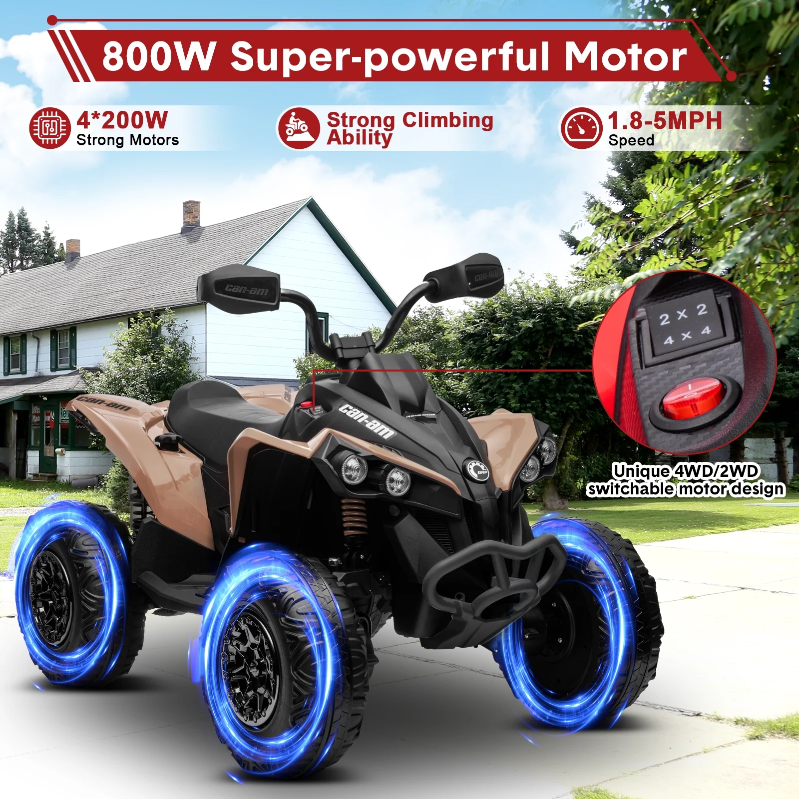 24V Ride on Toys, 4 Wheeler ATV for Kids with 2 Seater, 4x200W Motors, 4WD/2WD Switchable, Khaki - Womvr